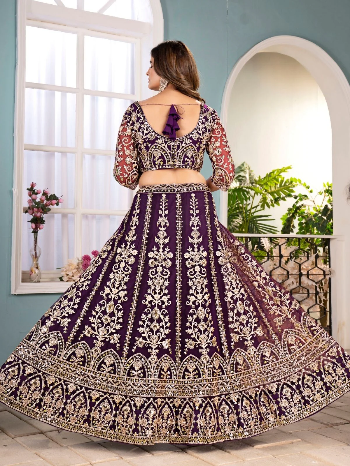 Odette Deep Purple Net Embellished Semi Stitched Lehenga For Women - Image 3