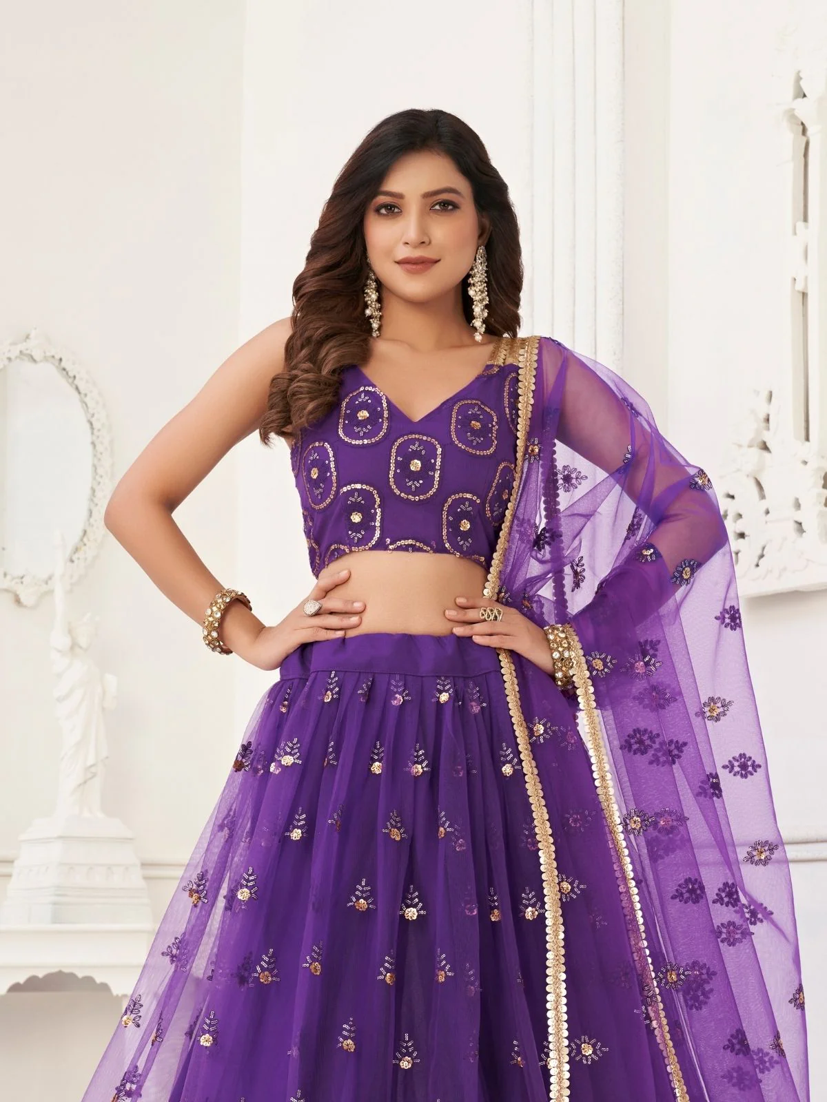 Odette Deep Purple Net Embroidered Semi Stitched Lehenga For Women - Image 2