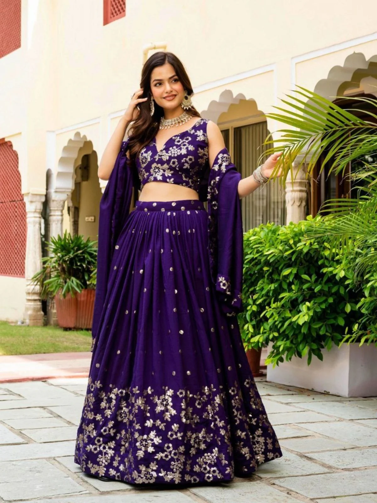 Odette Deep Purple Silk Blend Embellished Semi Stitched Lehenga For Women - Image 2
