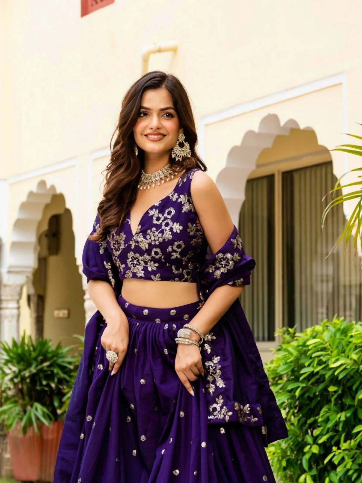 Odette Deep Purple Silk Blend Embellished Semi Stitched Lehenga For Women - Image 4