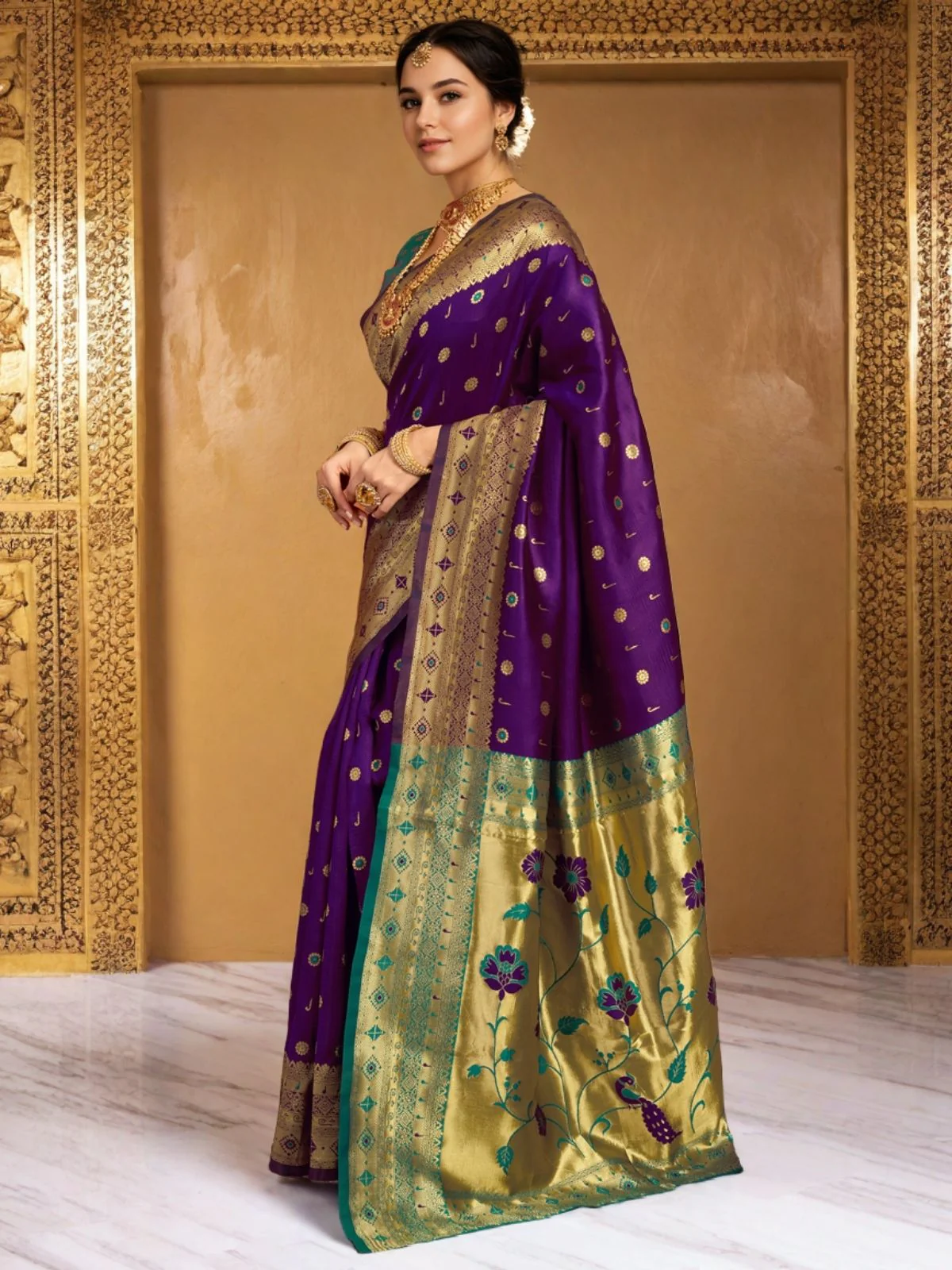 Odette Deep Purple Silk Blend Woven Pithani Saree For Women - Image 2