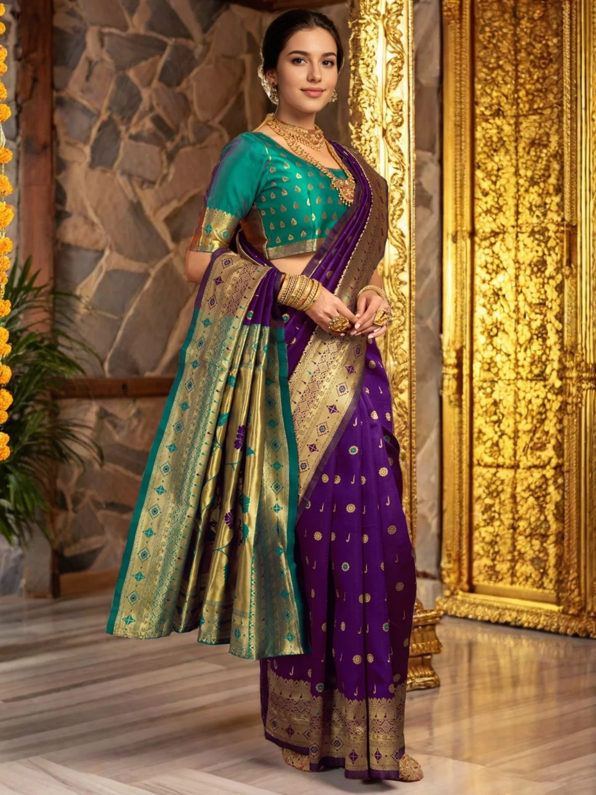 Odette Deep Purple Silk Blend Woven Pithani Saree For Women - Image 3