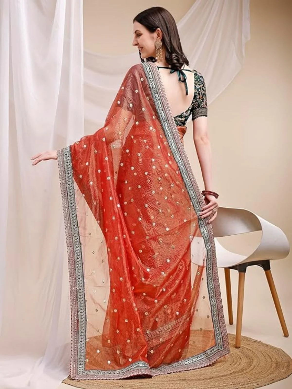 Odette Deep Red Organza Embellished Solid Saree For Women - Image 2