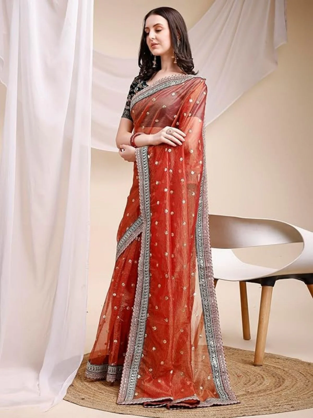 Odette Deep Red Organza Embellished Solid Saree For Women - Image 3