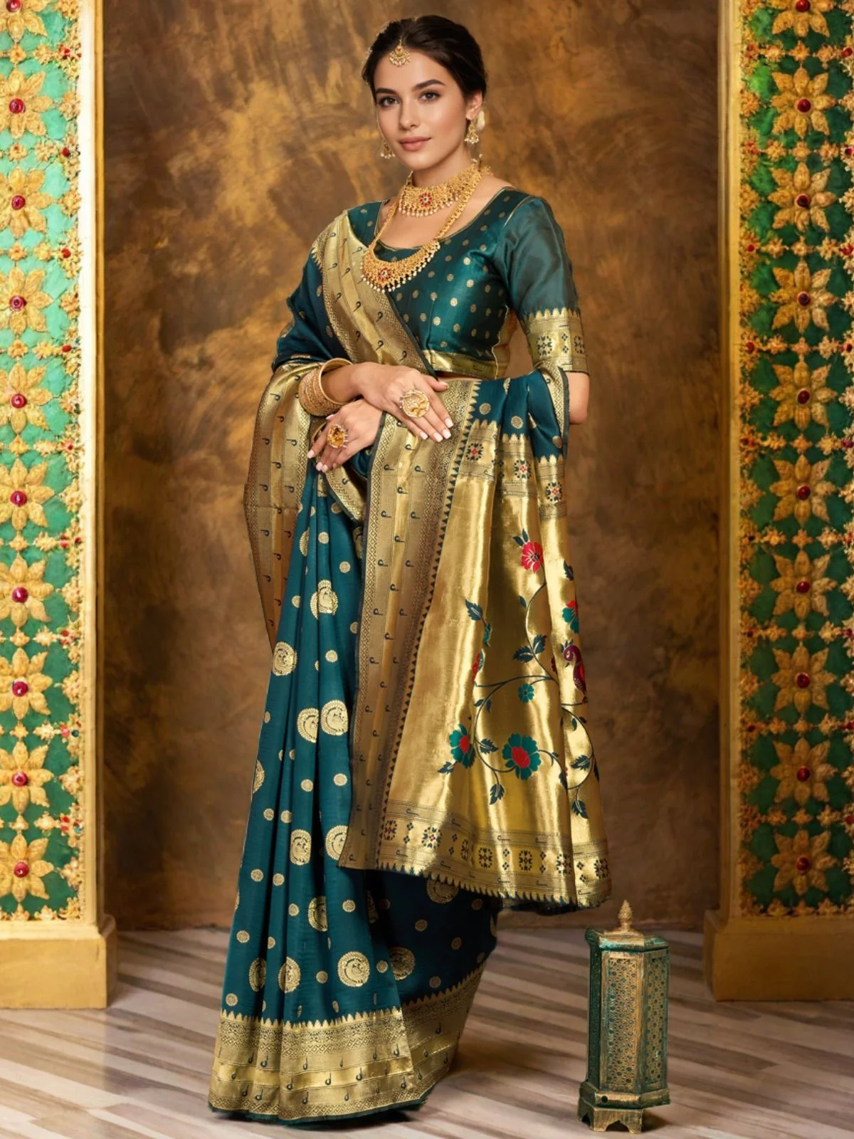 Odette Deep Teal Blue Silk Blend Woven Pithani Saree For Women - Image 3