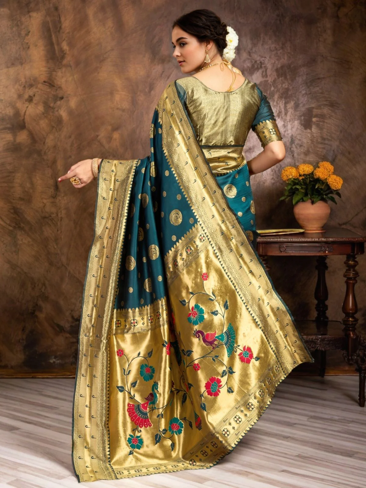 Odette Deep Teal Blue Silk Blend Woven Pithani Saree For Women - Image 4
