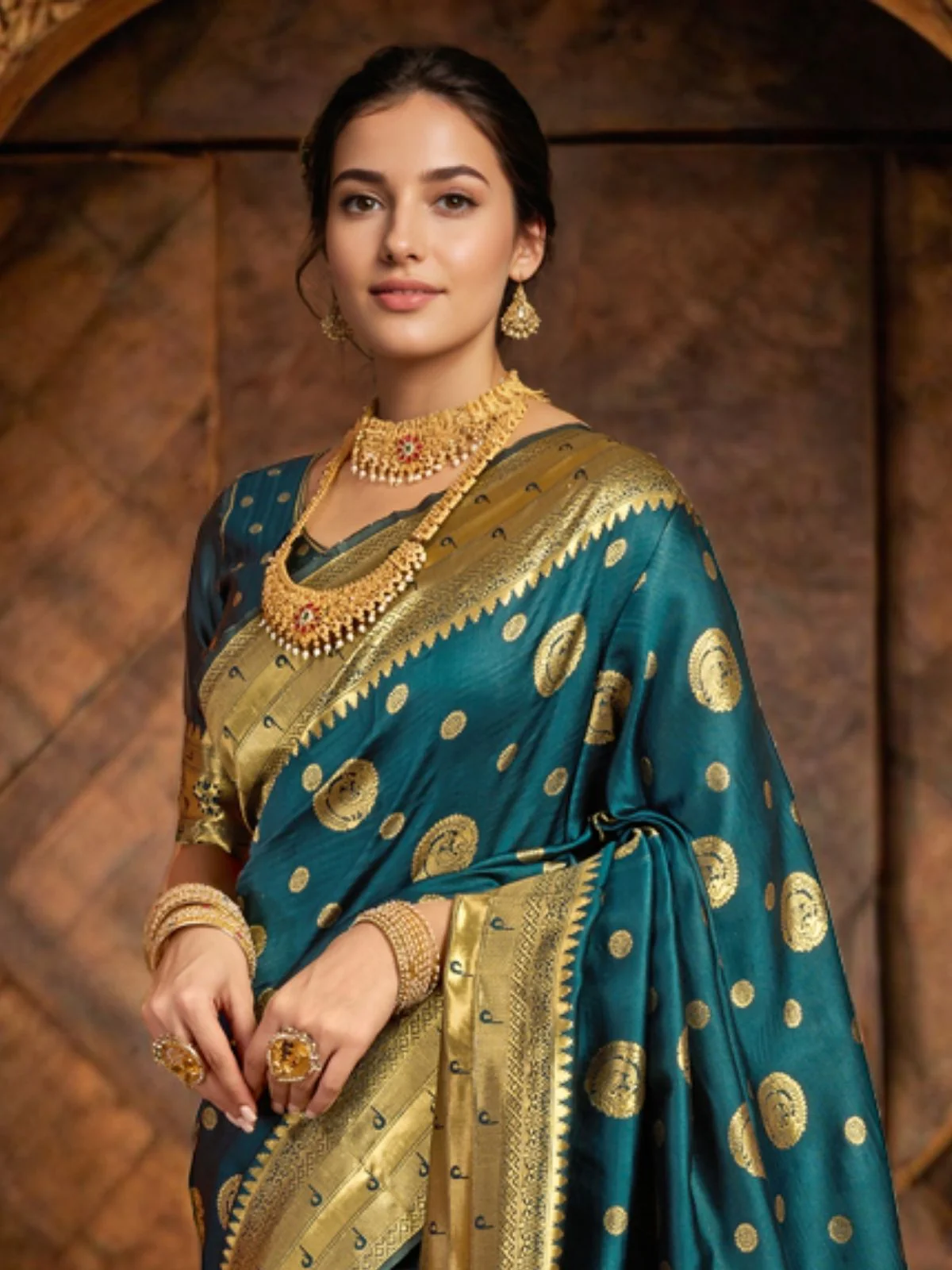 Odette Deep Teal Blue Silk Blend Woven Pithani Saree For Women - Image 5