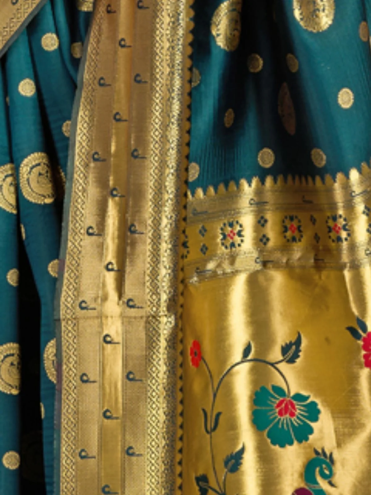 Odette Deep Teal Blue Silk Blend Woven Pithani Saree For Women - Image 6