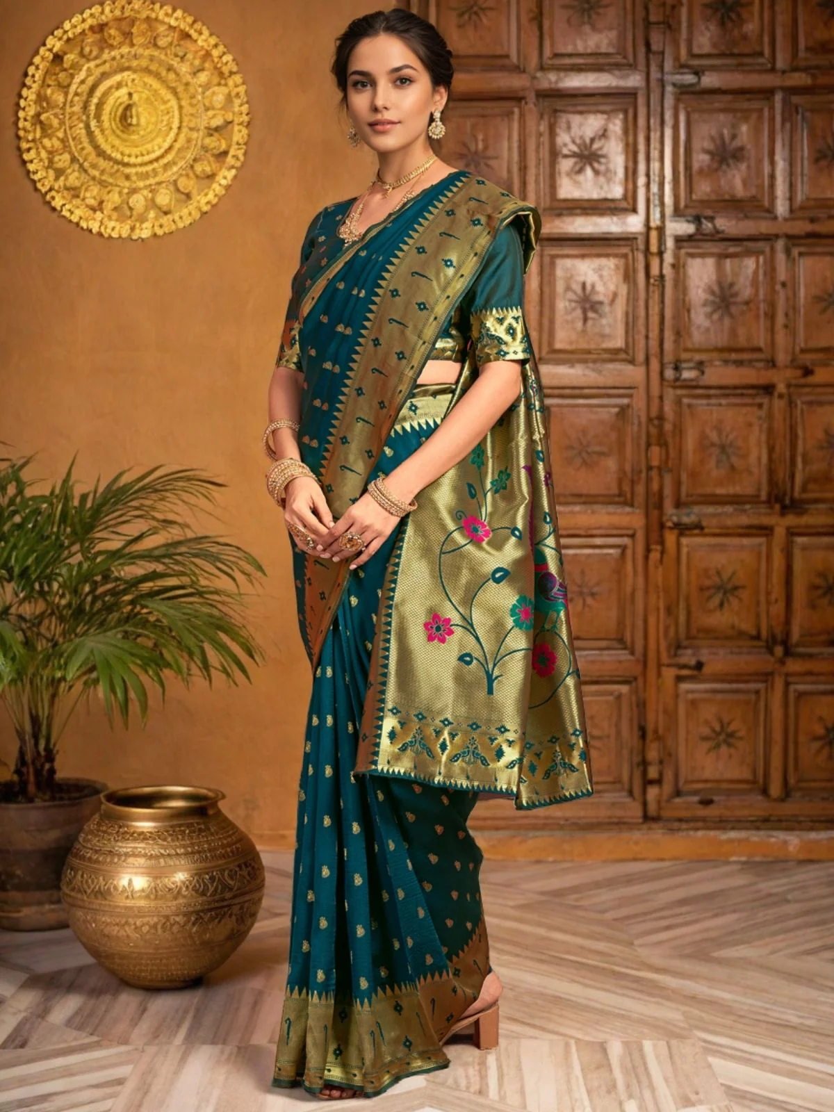 Odette Deep Teal Green Silk Blend Woven Pithani Saree For Women - Image 3