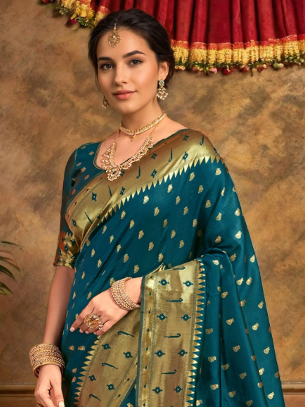 Odette Deep Teal Green Silk Blend Woven Pithani Saree For Women - Image 4