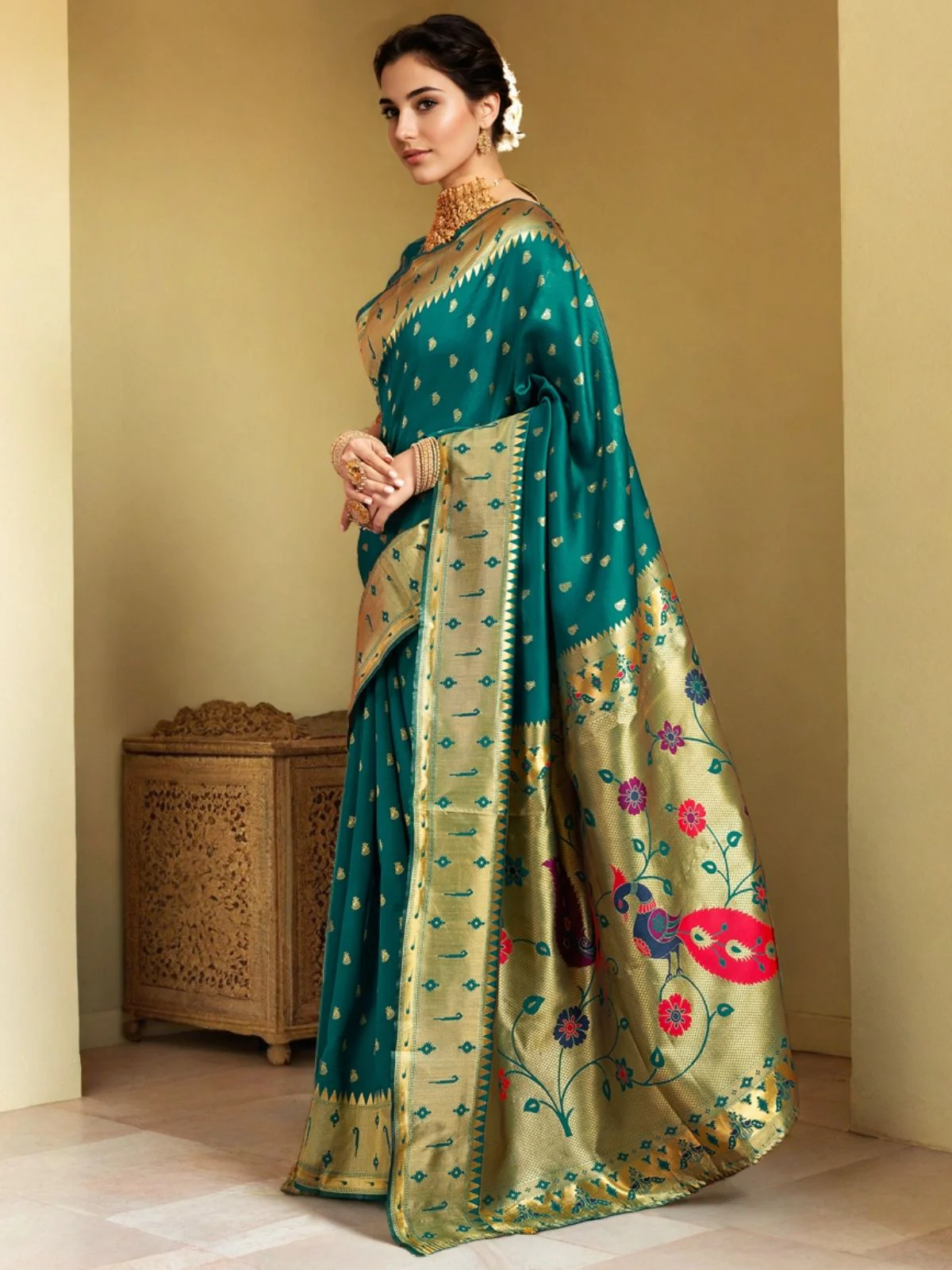 Odette Deep Teal Green Silk Blend Woven Pithani Saree For Women - Image 2