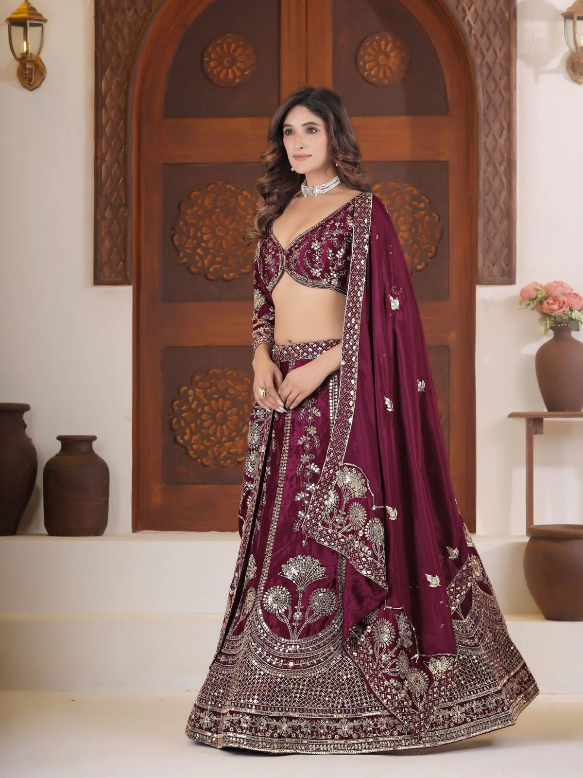 Odette Deep Wine Silk Blend Embellished Semi Stitched Lehenga For Women - Image 2