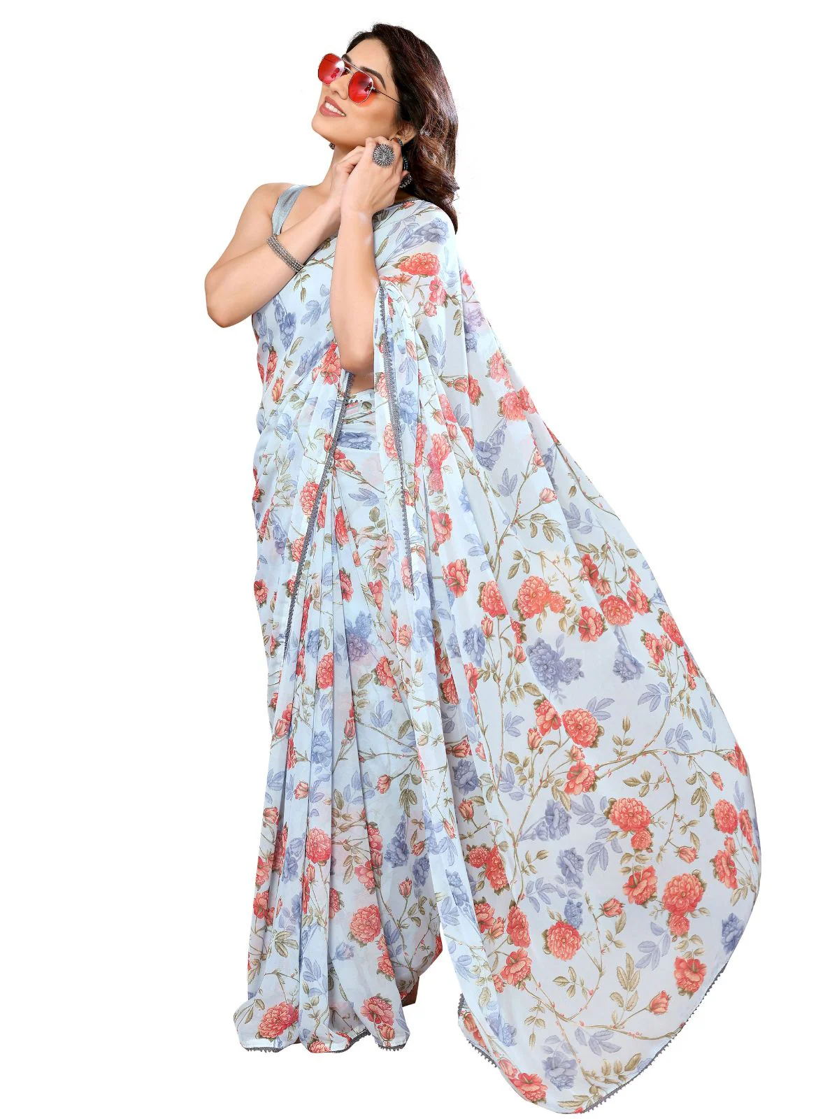 Odette Designer Blue Printed Ready-to-Wear Saree with Unstitched Blouse for Women - Image 2