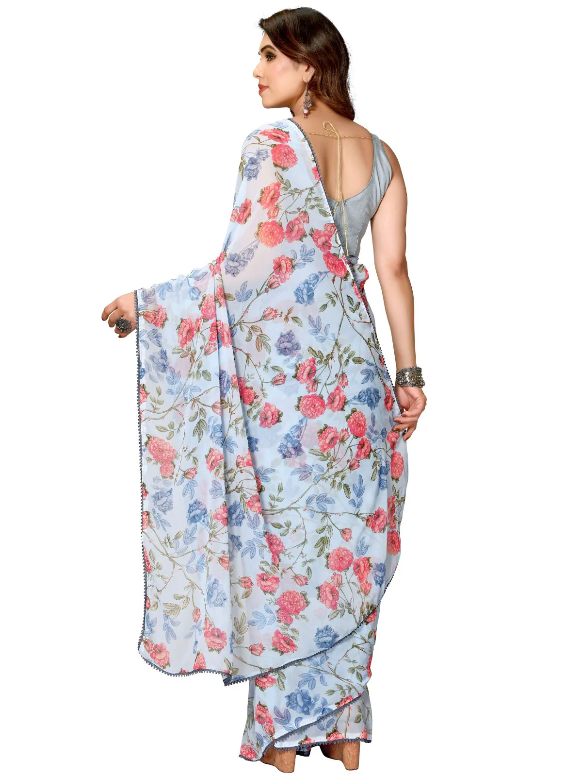 Odette Designer Blue Printed Ready-to-Wear Saree with Unstitched Blouse for Women - Image 4