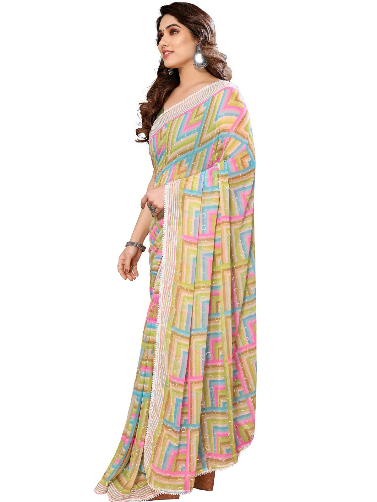 Odette Designer Green Printed Ready-to-Wear Saree with Unstitched Blouse for Women - Image 3
