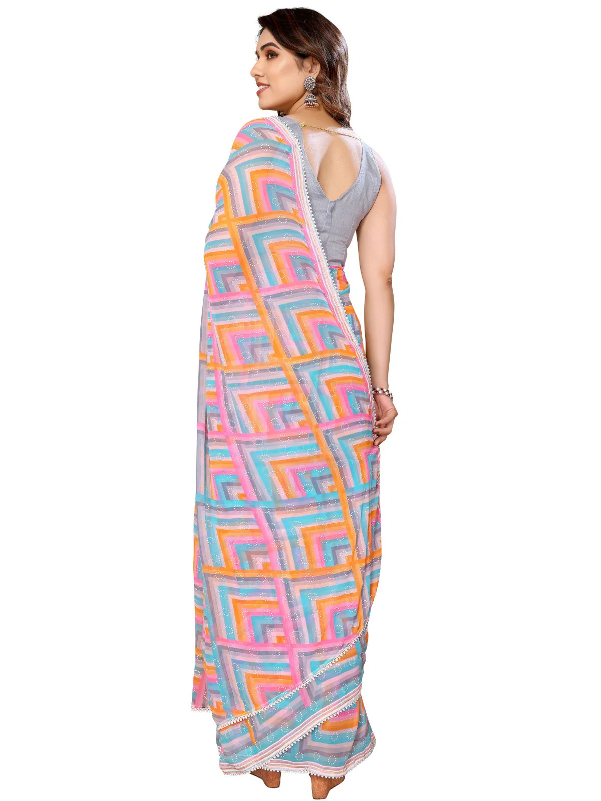 Odette Designer Multicolor Printed Ready-to-Wear Saree with Unstitched Blouse for Women - Image 4