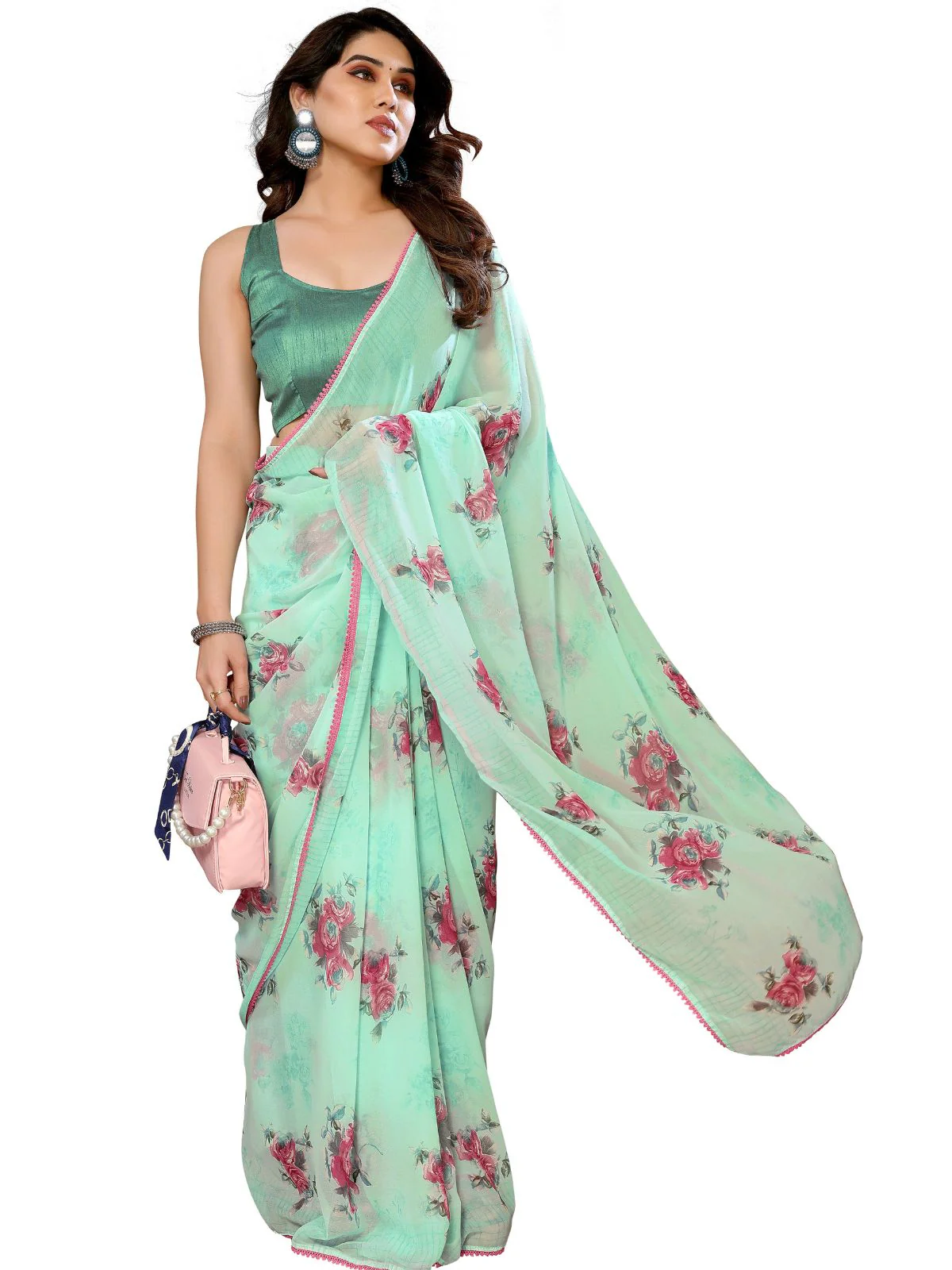 Odette Designer Light Blue Printed Ready-to-Wear Saree with Unstitched Blouse for Women - Image 2