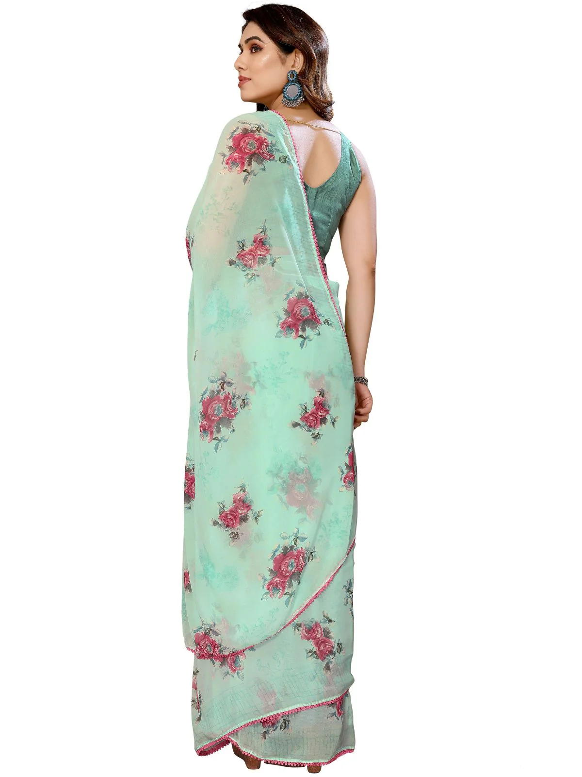 Odette Designer Light Blue Printed Ready-to-Wear Saree with Unstitched Blouse for Women - Image 3
