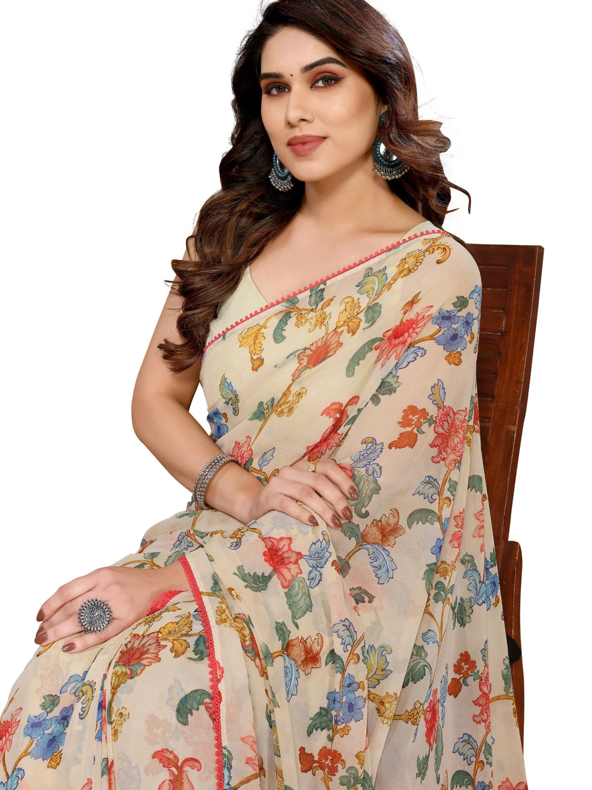 Odette Designer Off White Printed Ready-to-Wear Saree with Unstitched Blouse for Women - Image 4