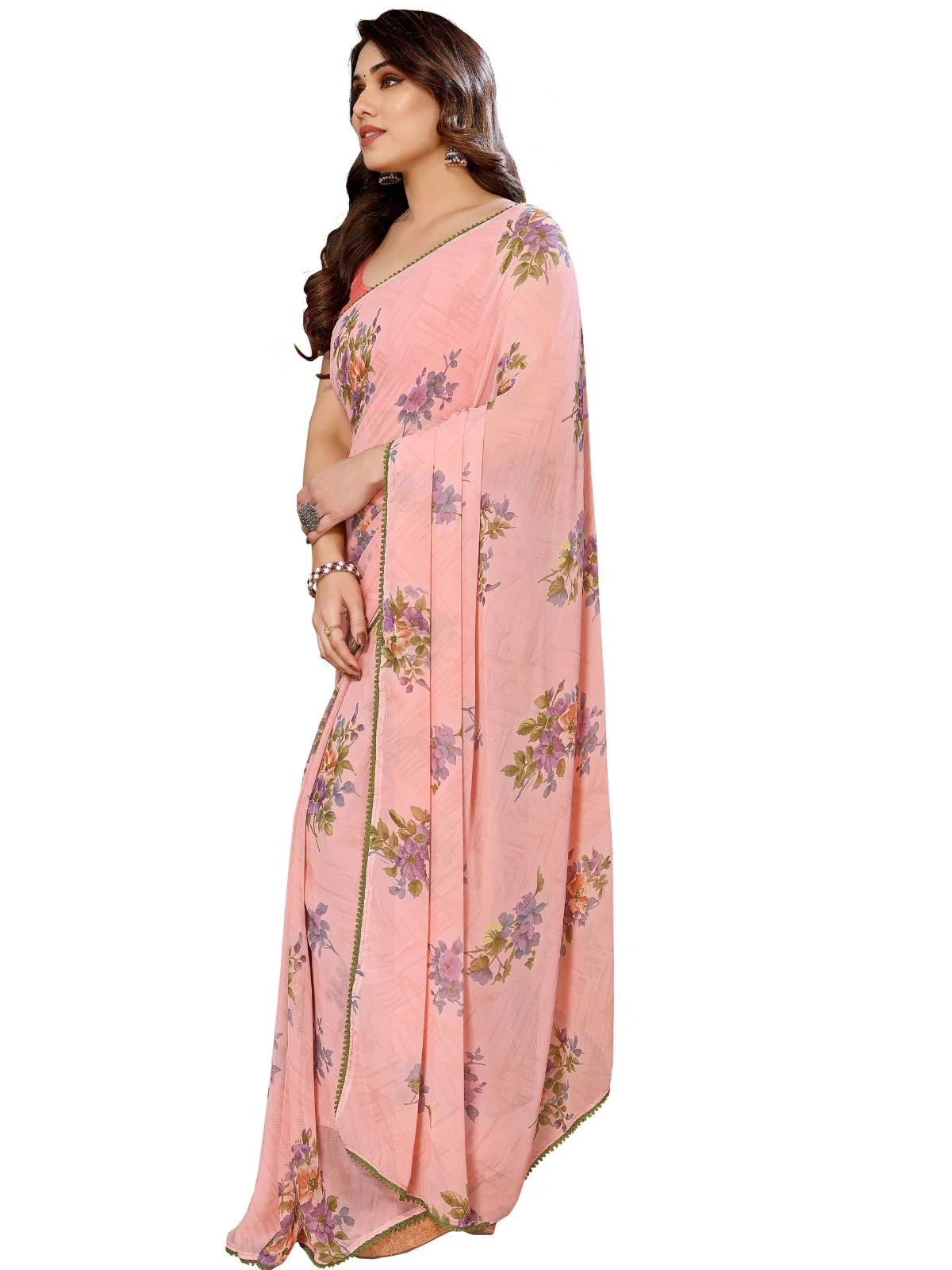 Odette Designer Peach Printed Ready-to-Wear Saree with Unstitched Blouse for Women - Image 3