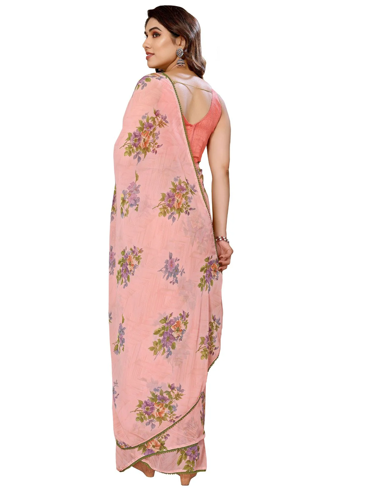 Odette Designer Peach Printed Ready-to-Wear Saree with Unstitched Blouse for Women - Image 4