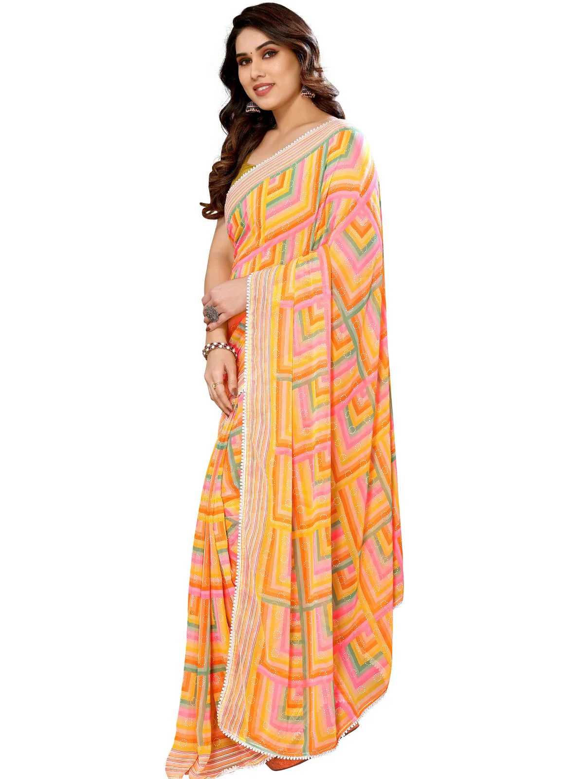 Odette Designer Yellow Printed Ready-to-Wear Saree with Unstitched Blouse for Women - Image 3