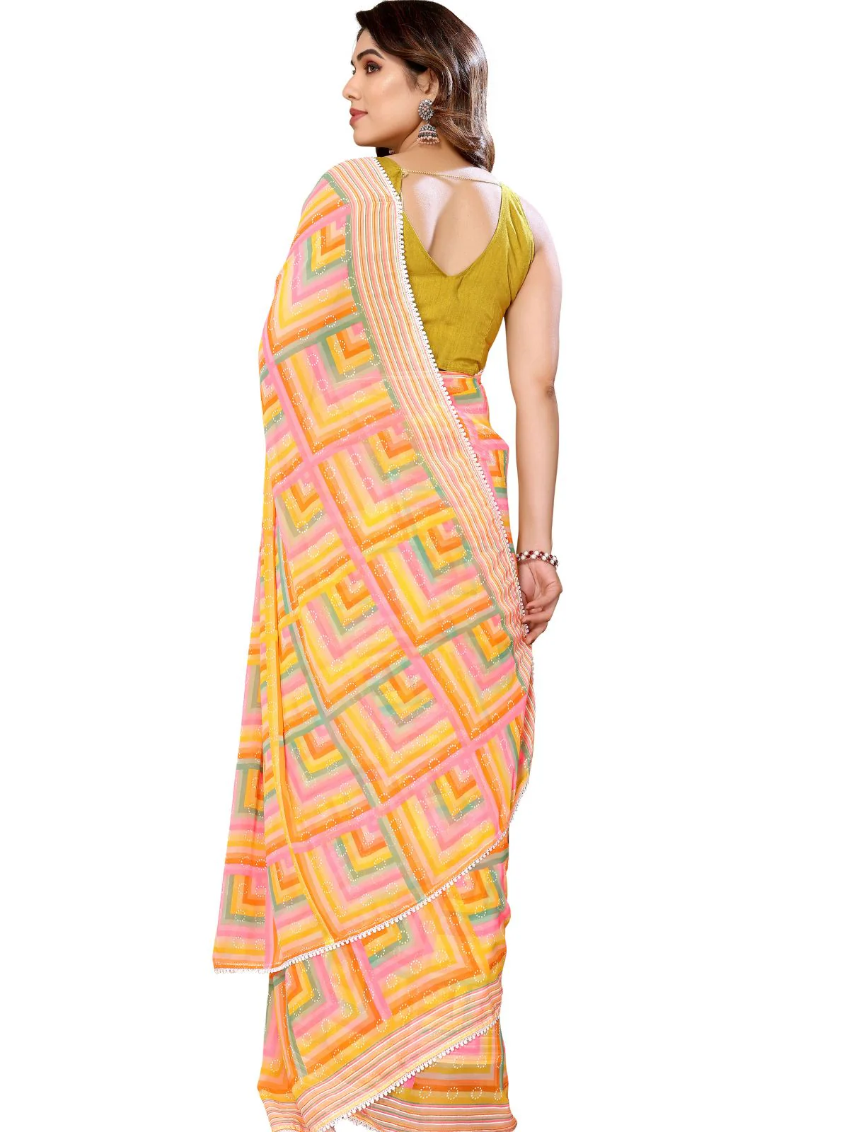 Odette Designer Yellow Printed Ready-to-Wear Saree with Unstitched Blouse for Women - Image 4