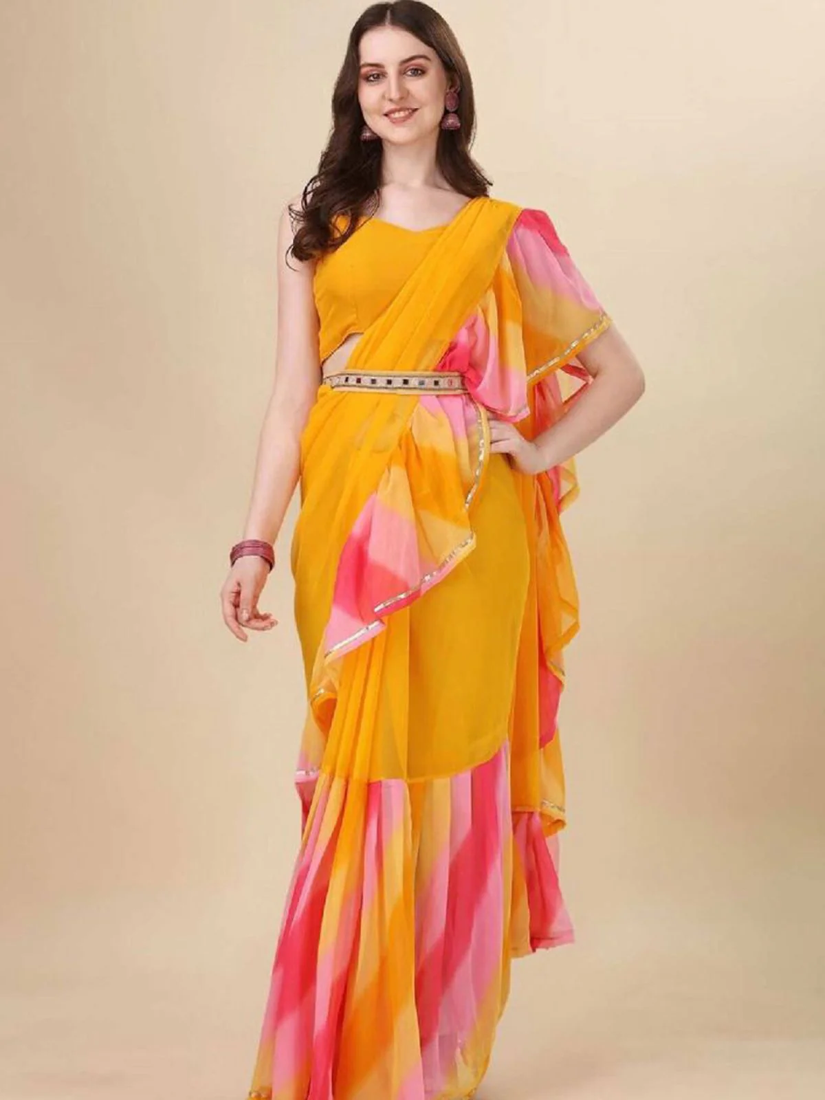 Odette Designer Yellow Printed Ruffle Saree with Unstitched Blouse for Women - Image 2