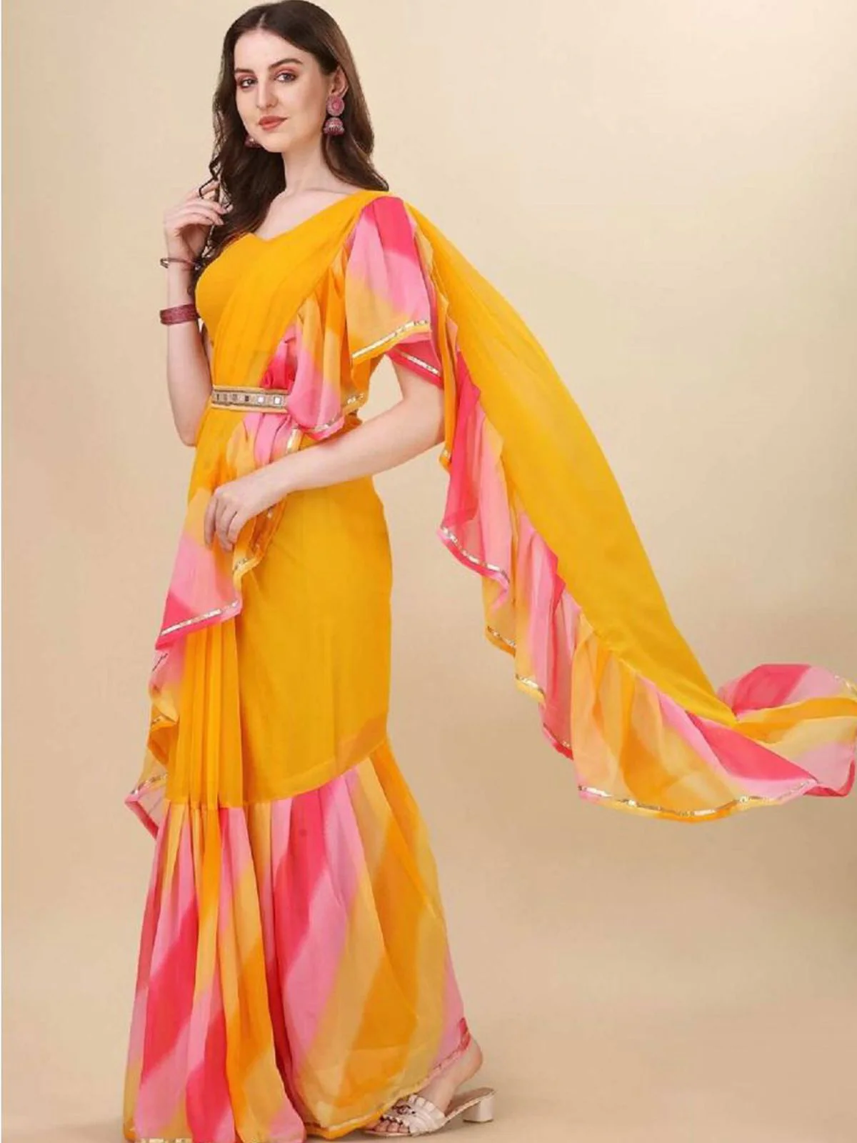 Odette Designer Yellow Printed Ruffle Saree with Unstitched Blouse for Women - Image 3