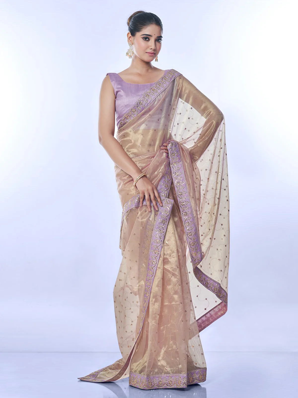 Odette Dusky Pink Embellished Net Saree With Unstitched Blouse For Women - Image 2
