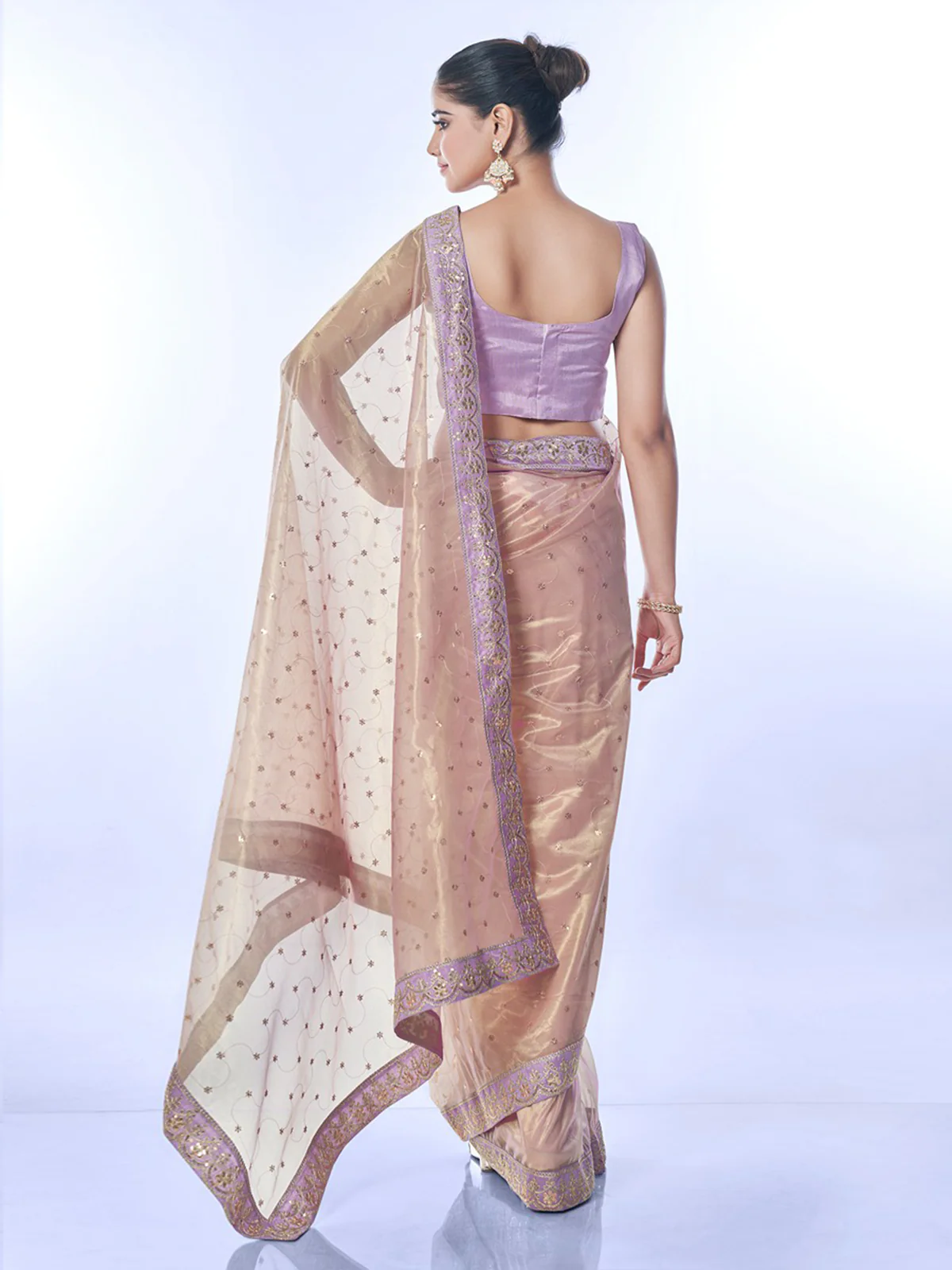 Odette Dusky Pink Embellished Net Saree With Unstitched Blouse For Women - Image 4