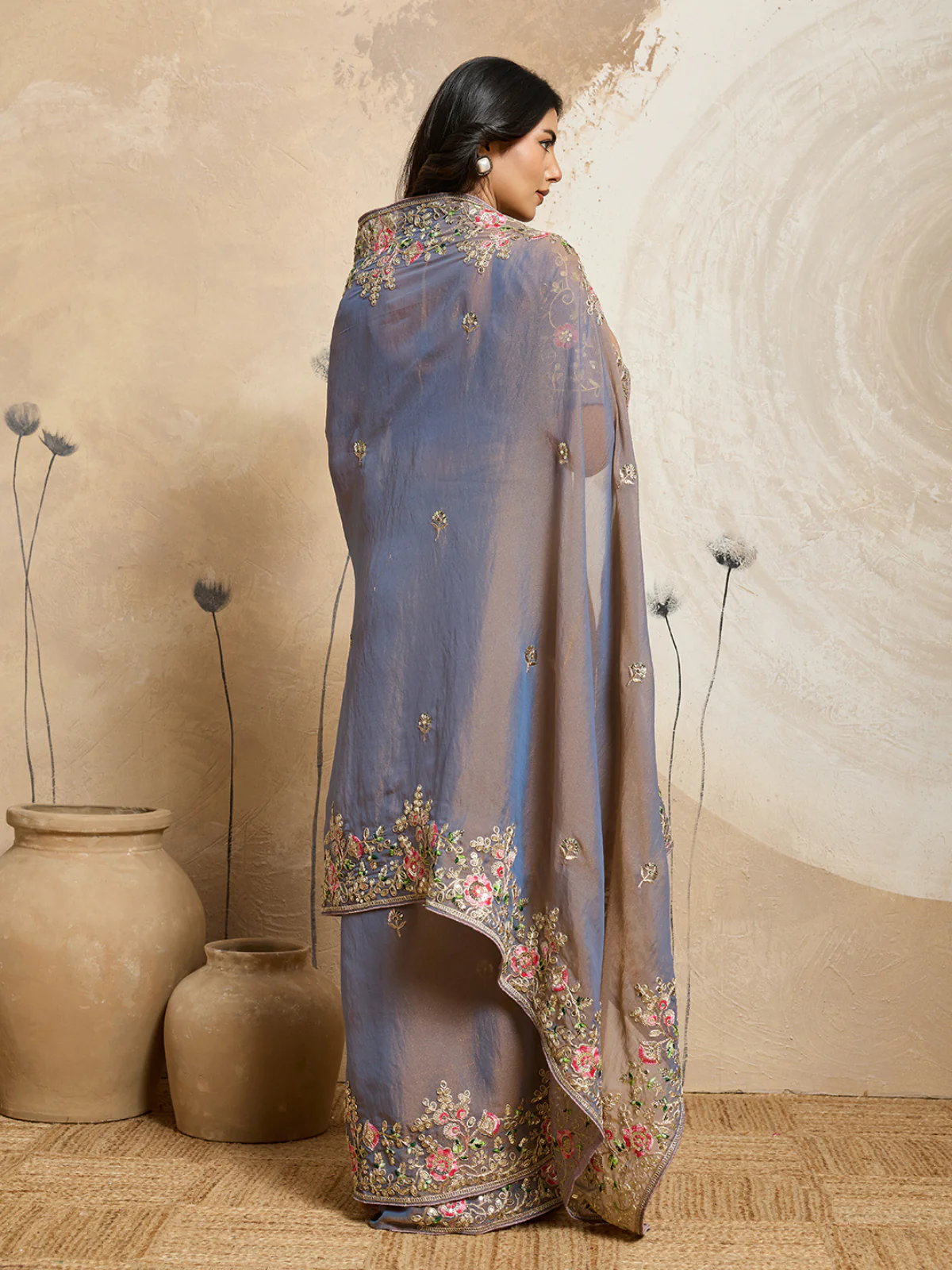 Odette Dusty Blue Chiffon Embroidered Saree For Women - Image 3