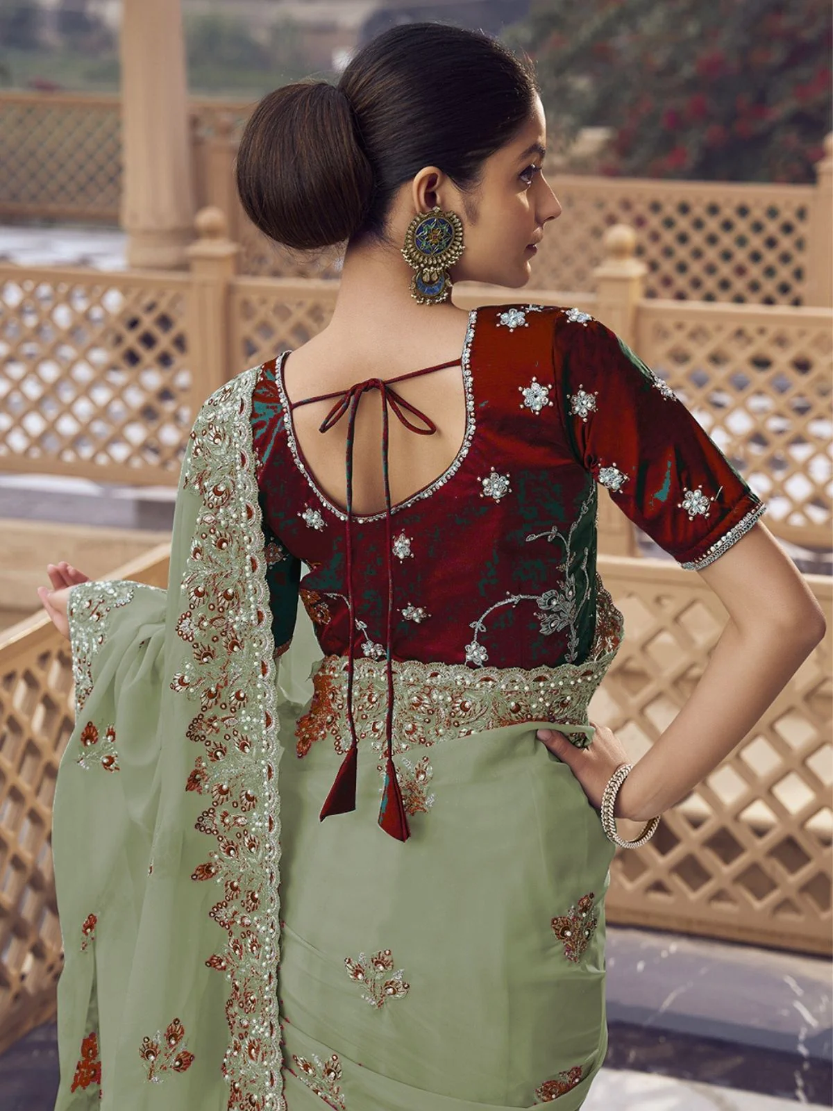 Odette Dusty Green Georgette Embellished Elegant Saree For Women - Image 2