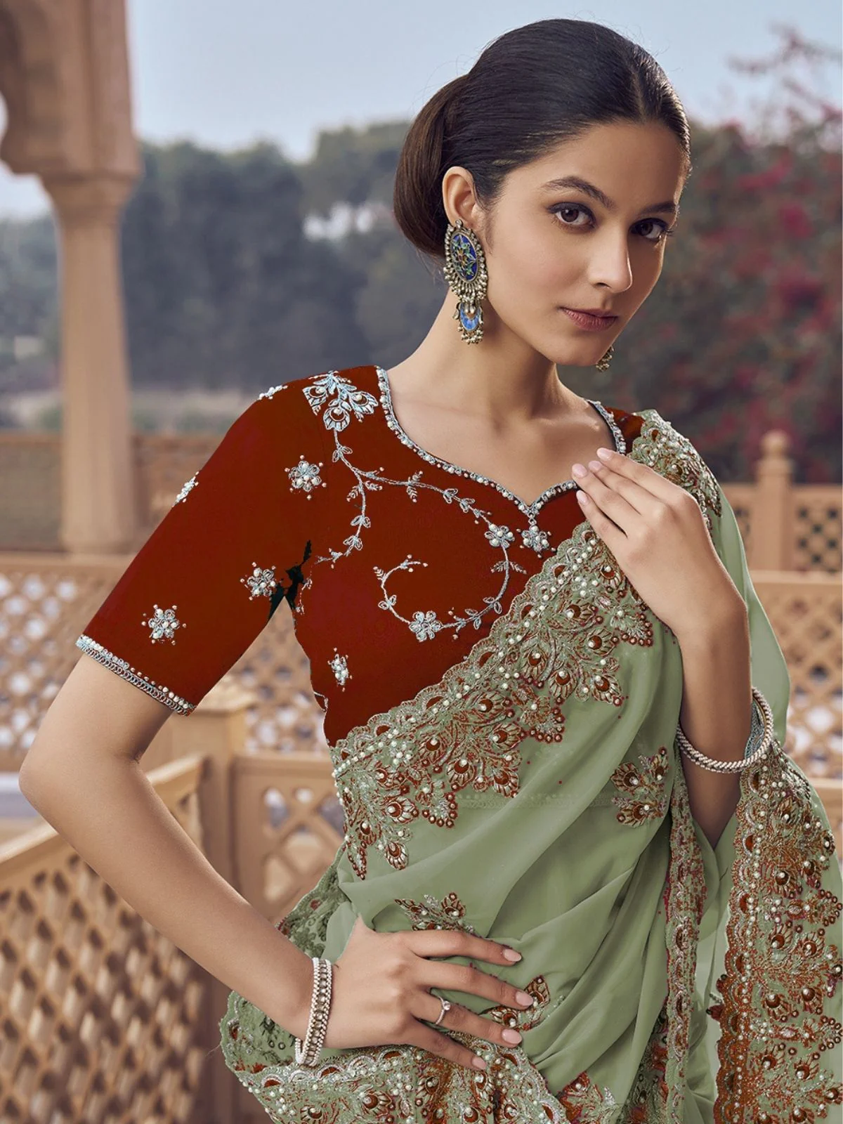 Odette Dusty Green Georgette Embellished Elegant Saree For Women - Image 3