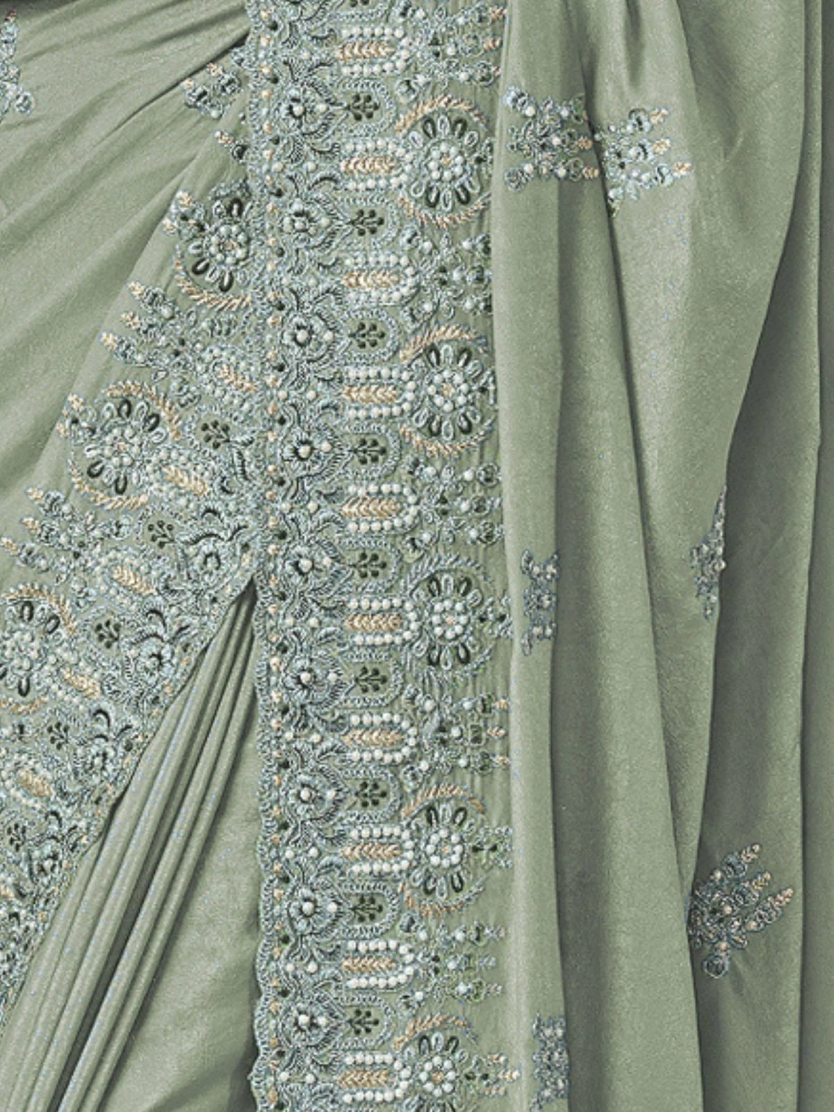 Odette Dusty Green Georgette Embroidered Elegant Saree For Women - Image 2