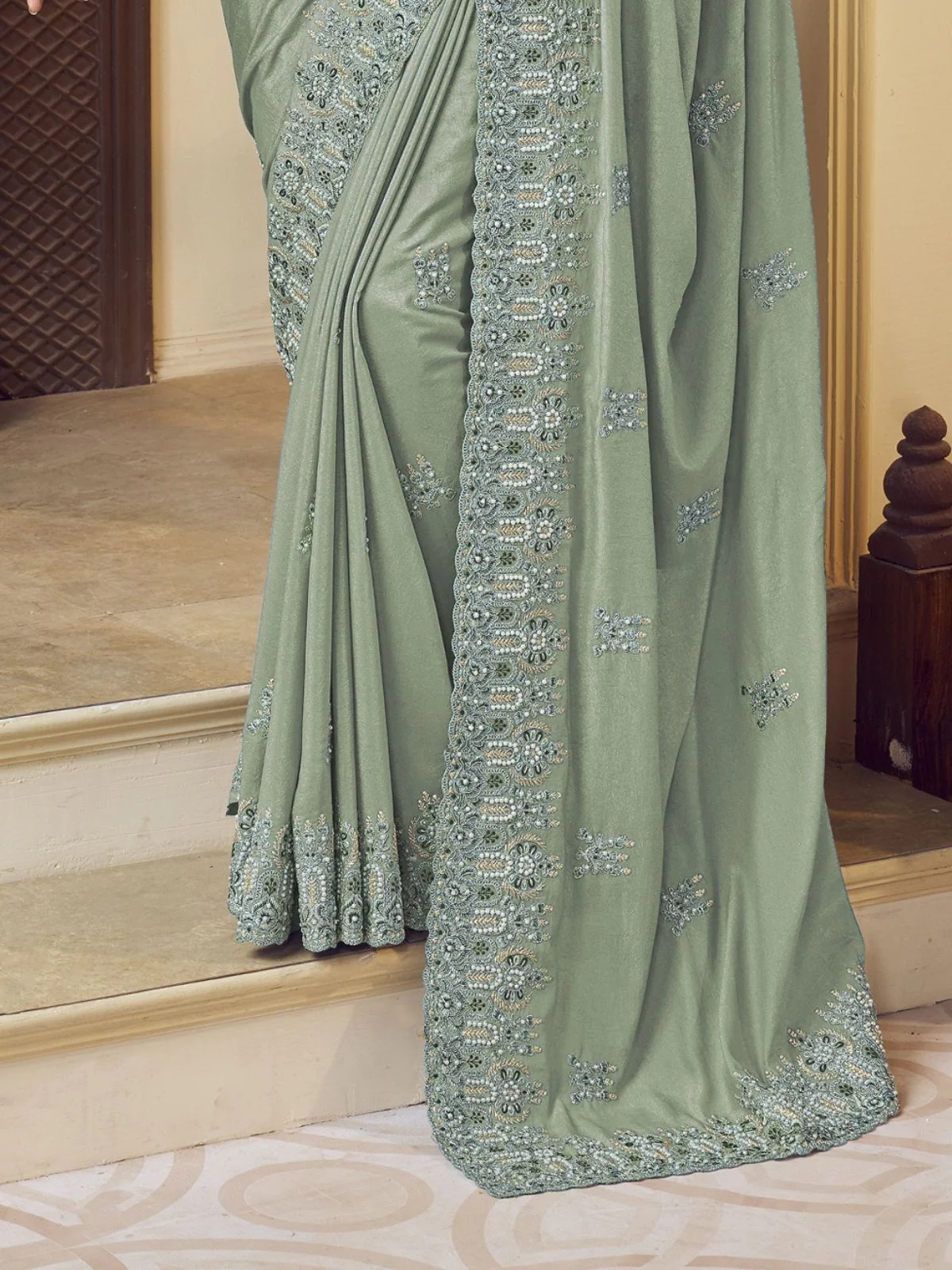 Odette Dusty Green Georgette Embroidered Elegant Saree For Women - Image 4