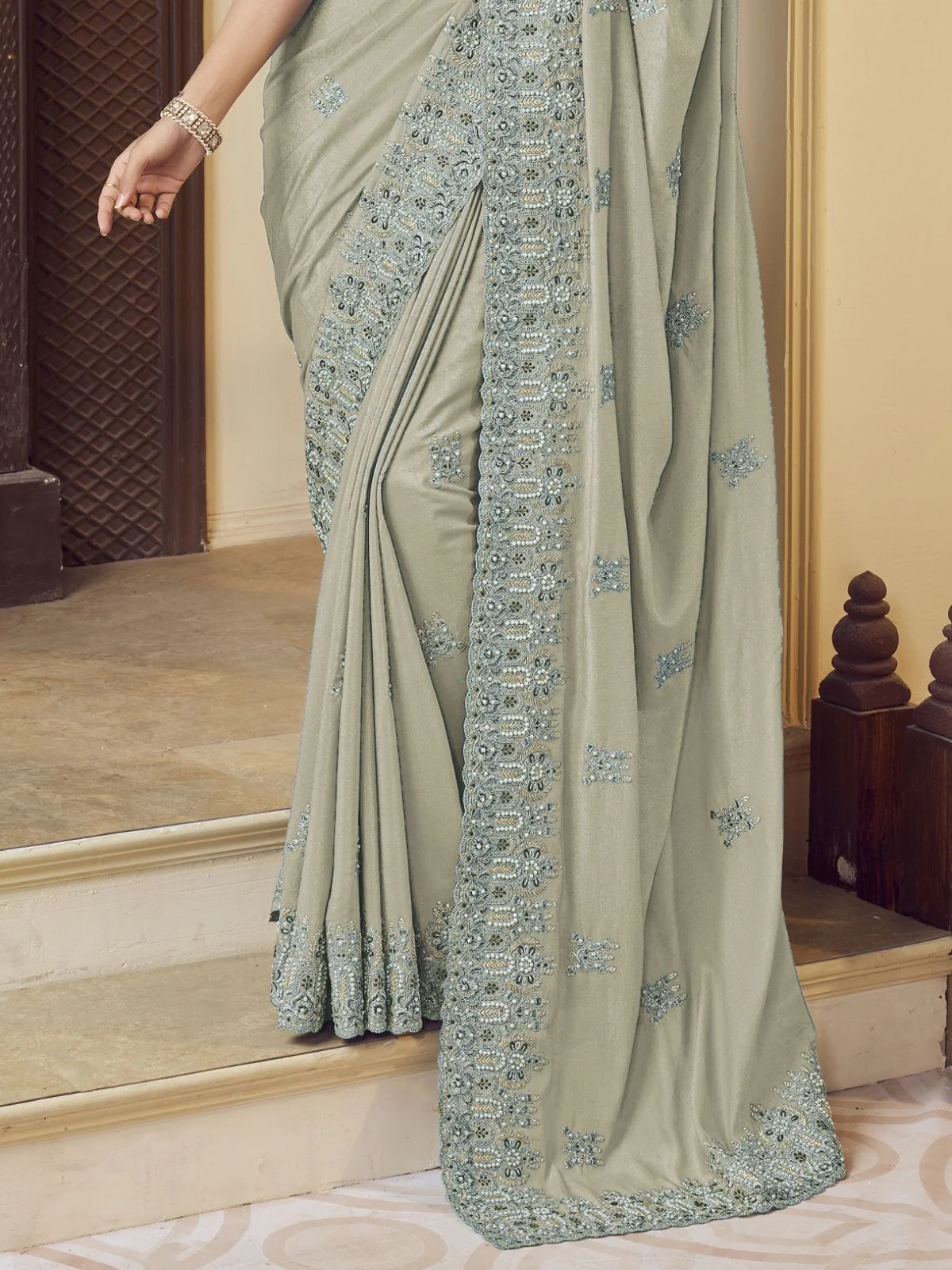 Odette Dusty Green Georgette Embroidered Elegant Saree For Women - Image 2
