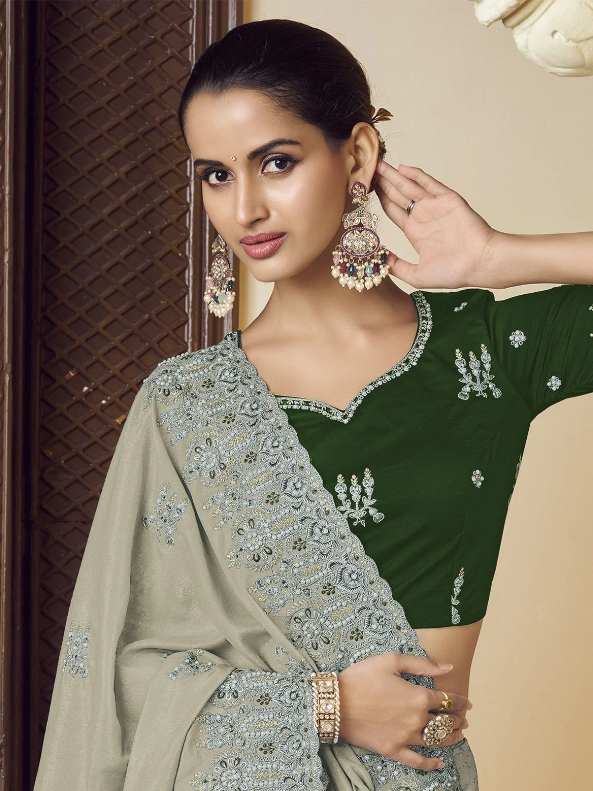 Odette Dusty Green Georgette Embroidered Elegant Saree For Women - Image 3