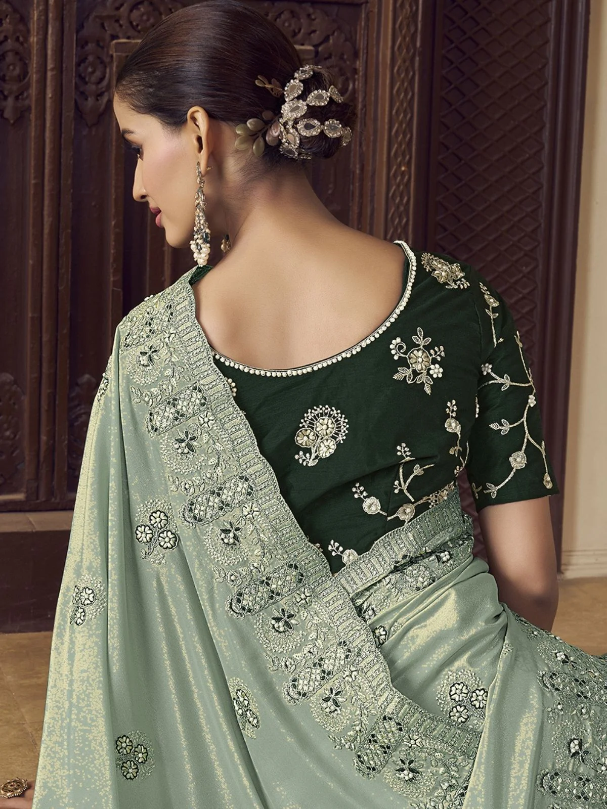 Odette Dusty Green Georgette Embroidered Elegant Saree For Women - Image 2