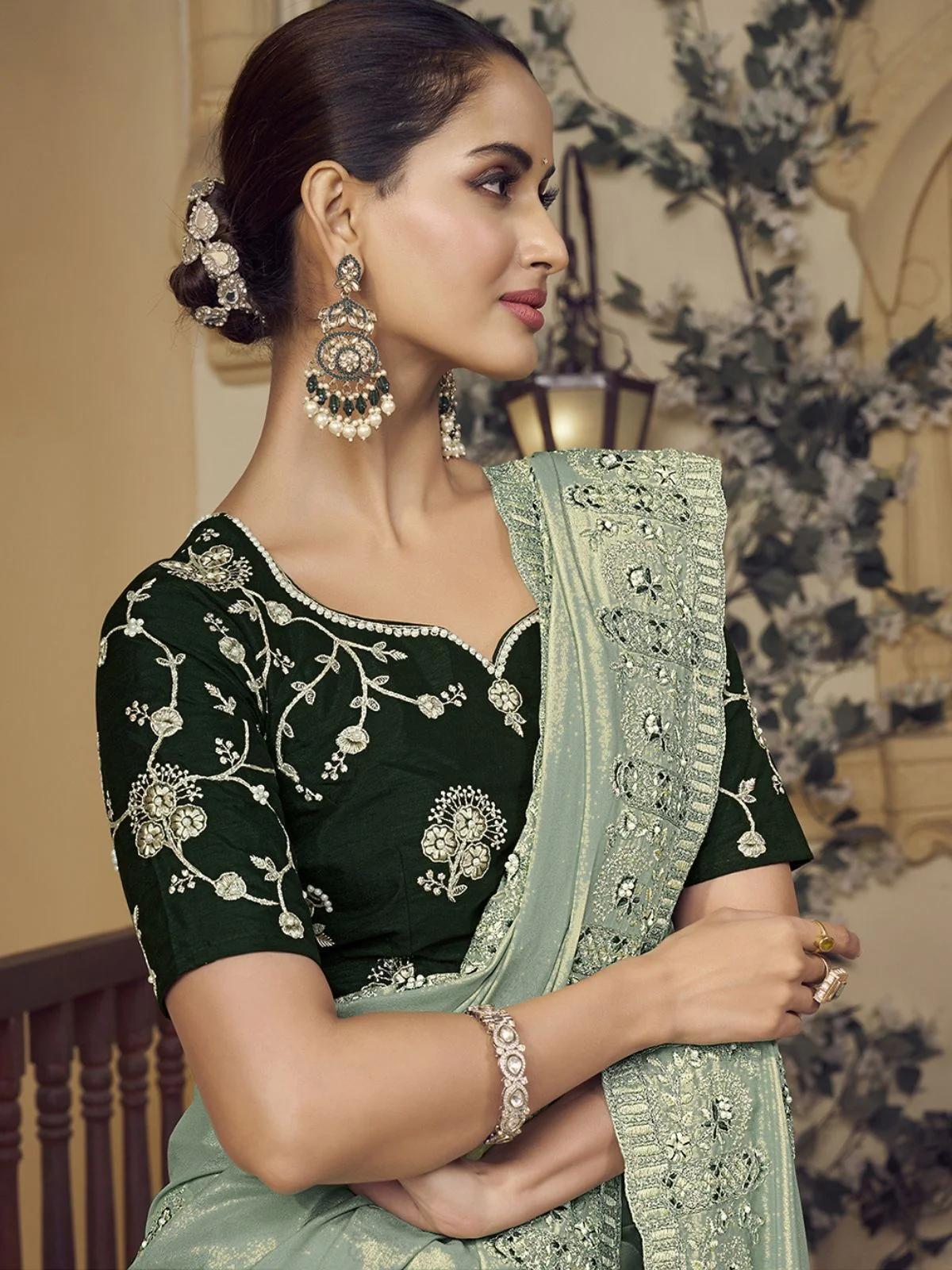 Odette Dusty Green Georgette Embroidered Elegant Saree For Women - Image 3