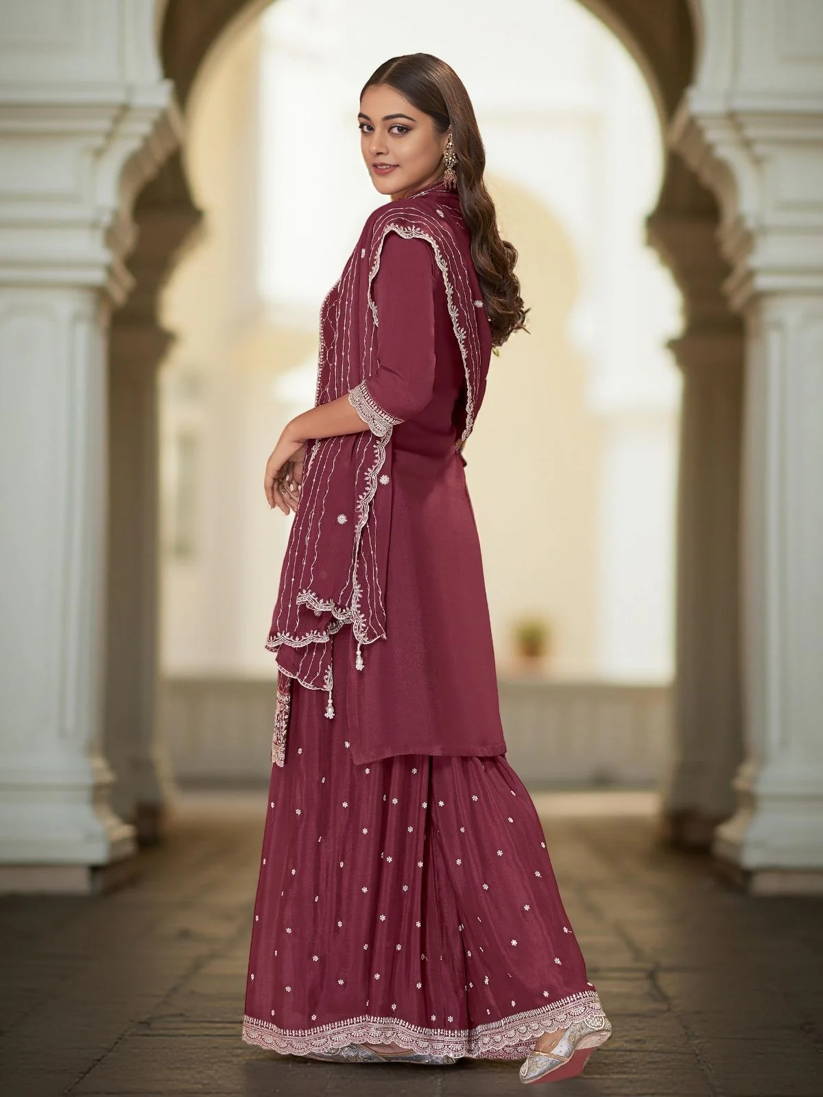 Odette Dusty Maroon Chinon Embroidered Stitched Kurta Set For Women - Image 2