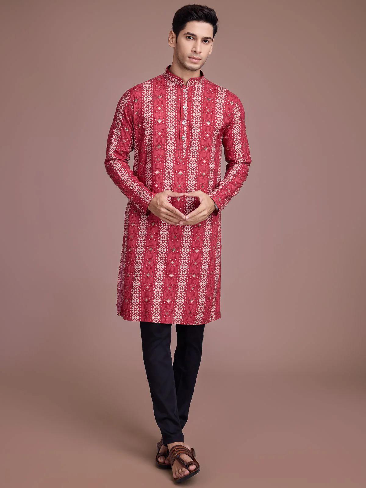 Odette Red Rayon Printed Stitched Kurta For Men - Image 2