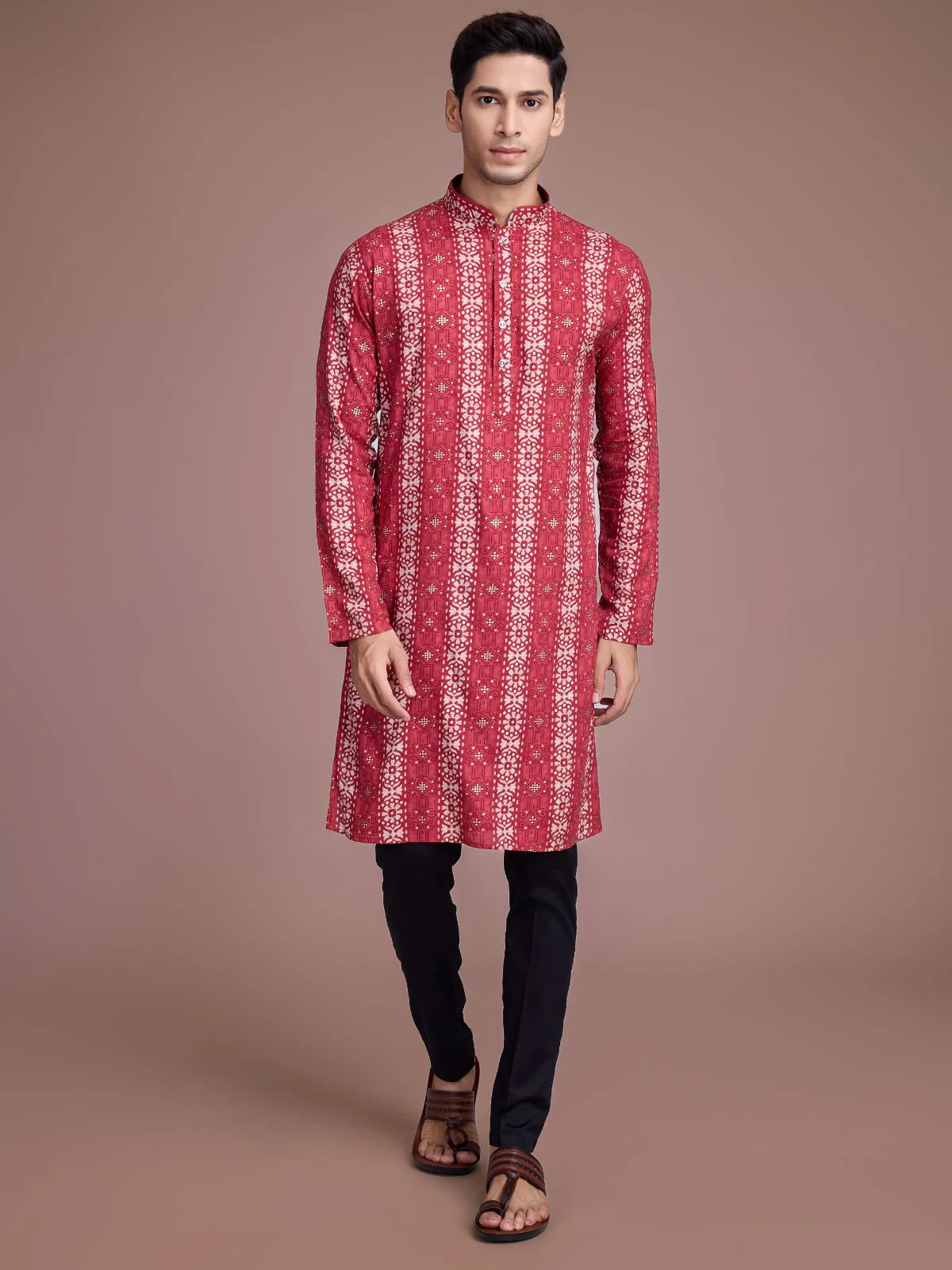 Odette Red Rayon Printed Stitched Kurta For Men - Image 3