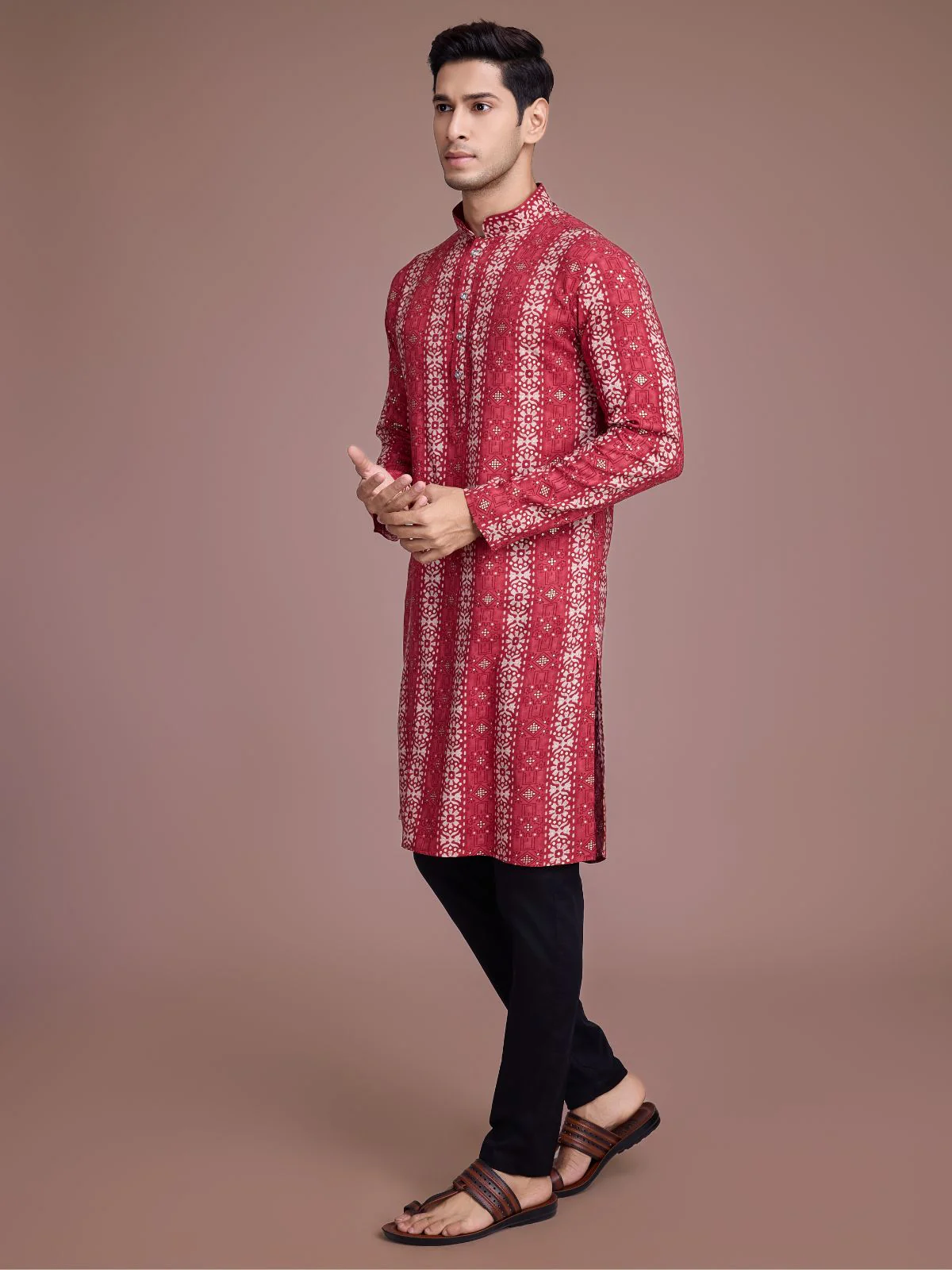 Odette Red Rayon Printed Stitched Kurta For Men - Image 4