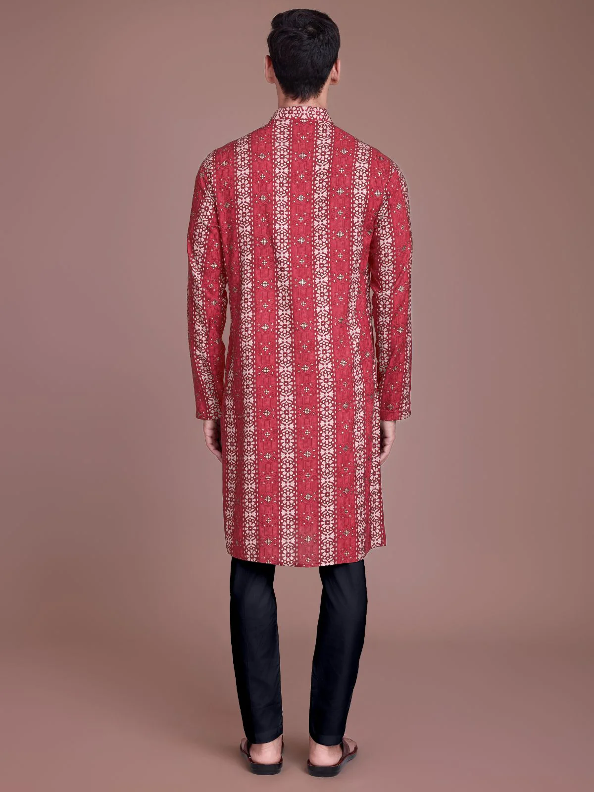 Odette Red Rayon Printed Stitched Kurta For Men - Image 5