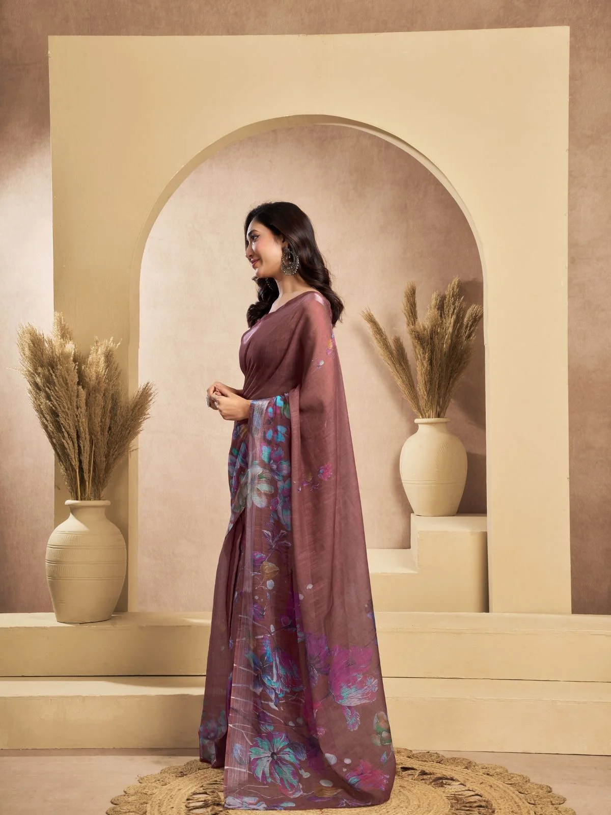 Odette Dusty mauve Cotton Linen Zari Work Saree For Women - Image 2