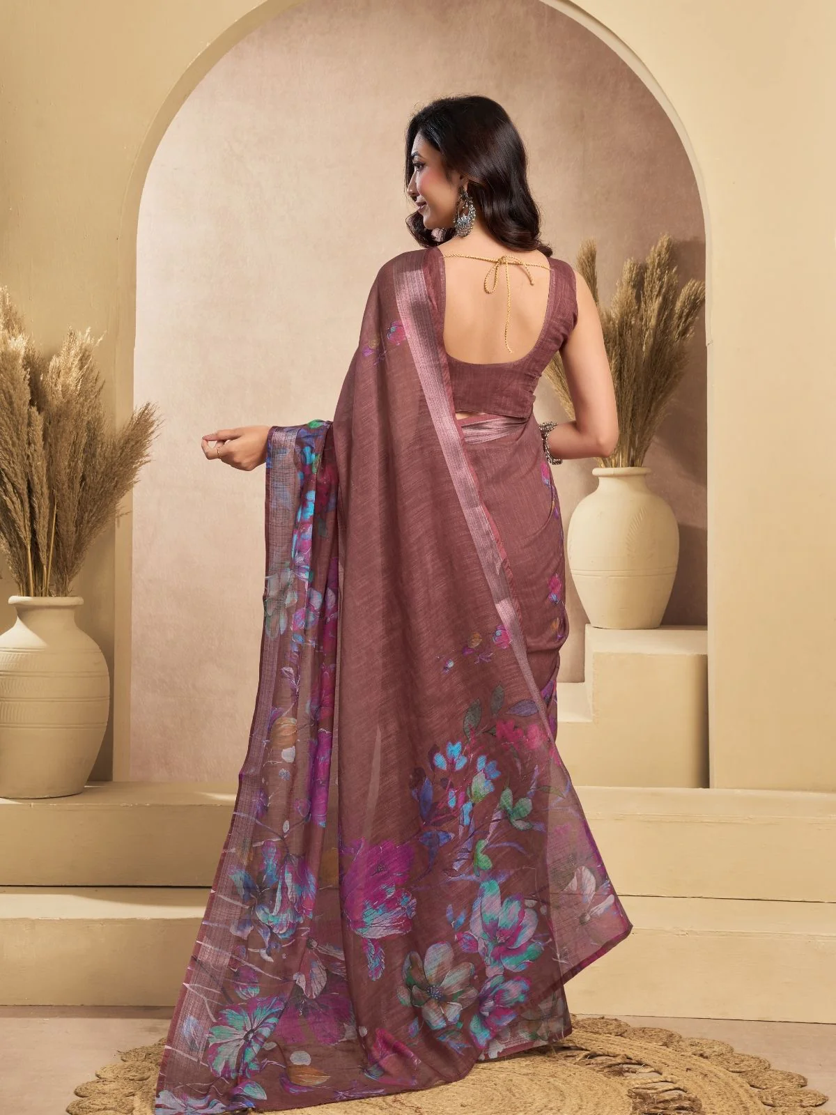 Odette Dusty mauve Cotton Linen Zari Work Saree For Women - Image 4
