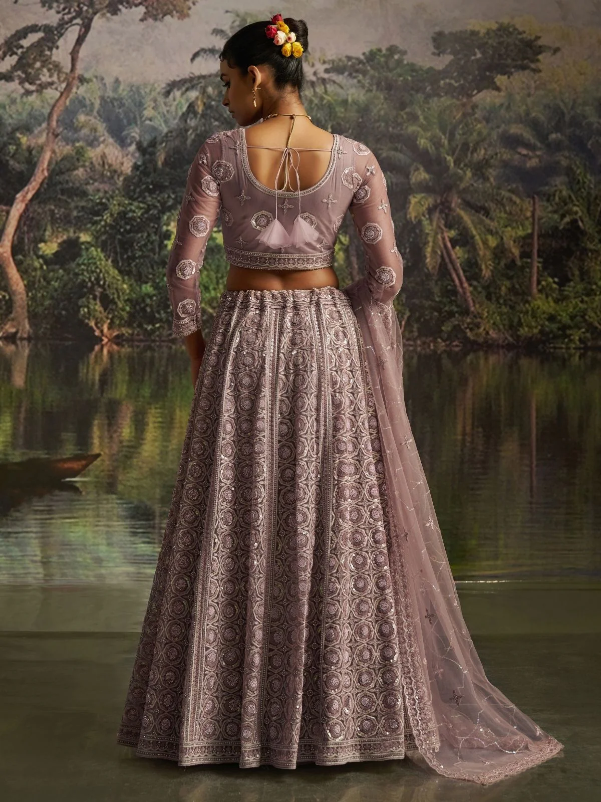 Odette Dusty Mauve Net Embellished Semi-Stitched Lehenga For Women - Image 2