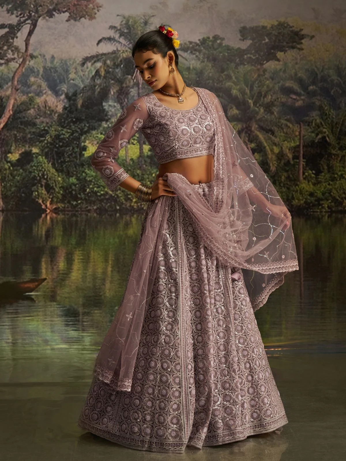 Odette Dusty Mauve Net Embellished Semi-Stitched Lehenga For Women - Image 4