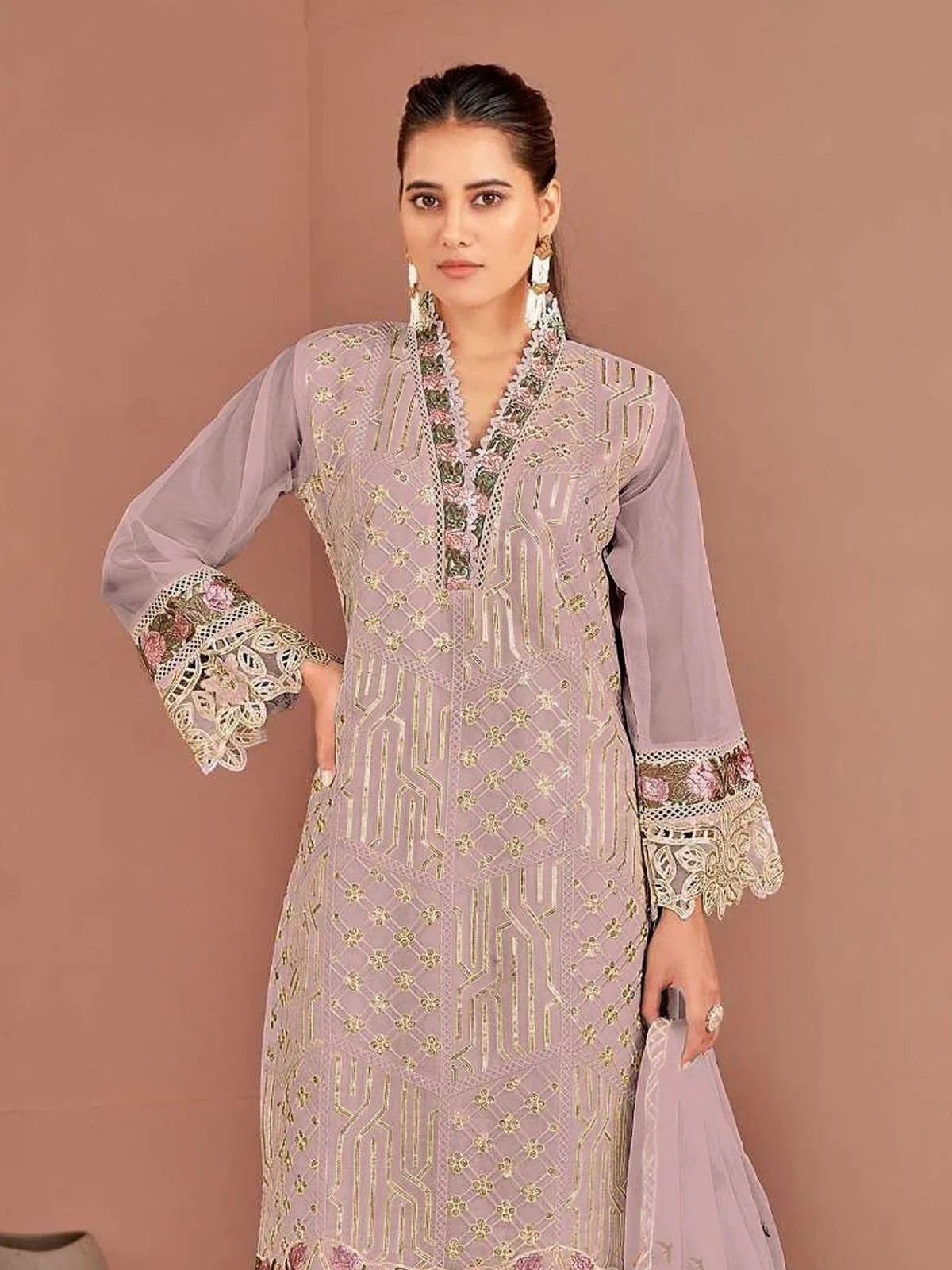 Odette Dusty Mauve Organza Embellished Semi-Stitched Kurta Set For Women - Image 3